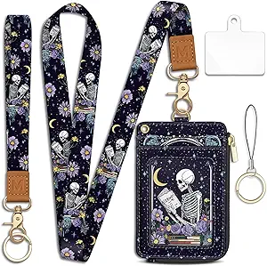 Goth Skeleton Book Lanyard Wallet with ID Badge Holder, Flowers Moon Star Small RFID Wallet Women Keychain Wristlet, Slim Credit Card Holder with Zipper Pocket Phone Lanyard Wrist Strap Office Teacher