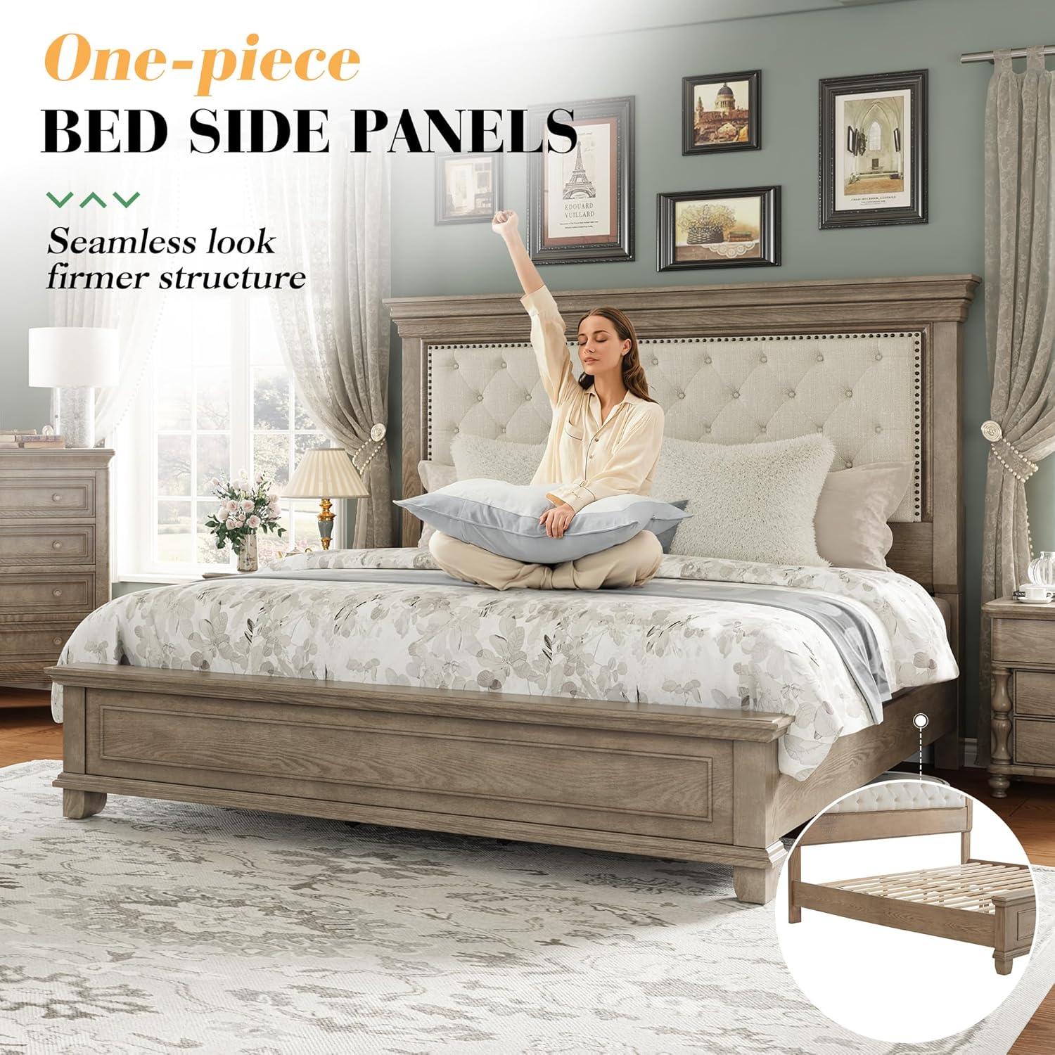 Solid Pine Wood King Bed Frame with 69" High Upholstered Headboard, Transitional Style Platform Bed, No Box Spring Needed & Easy Assembly, Button-Tufted Chenille Fabric, Antique Taupe