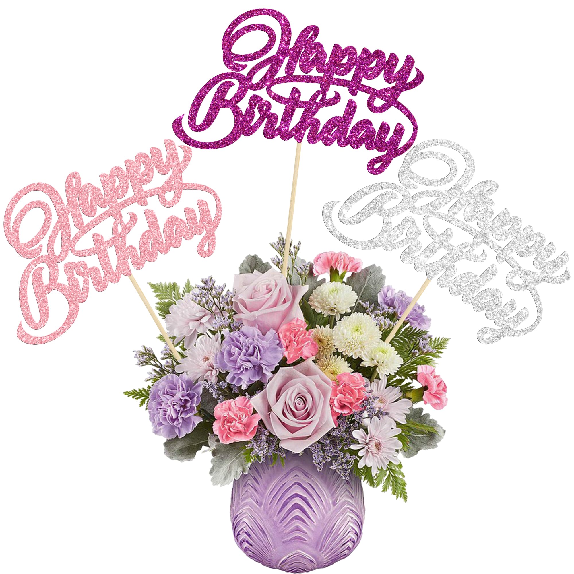 Ephlyn 12Pcs Happy Birthday Centerpiece Sticks Birthday Party Decorations Glitter Table Toppers Decorations for Halloween Baby Shower Anniversary Party Decors Favors Silver Pink Purple
