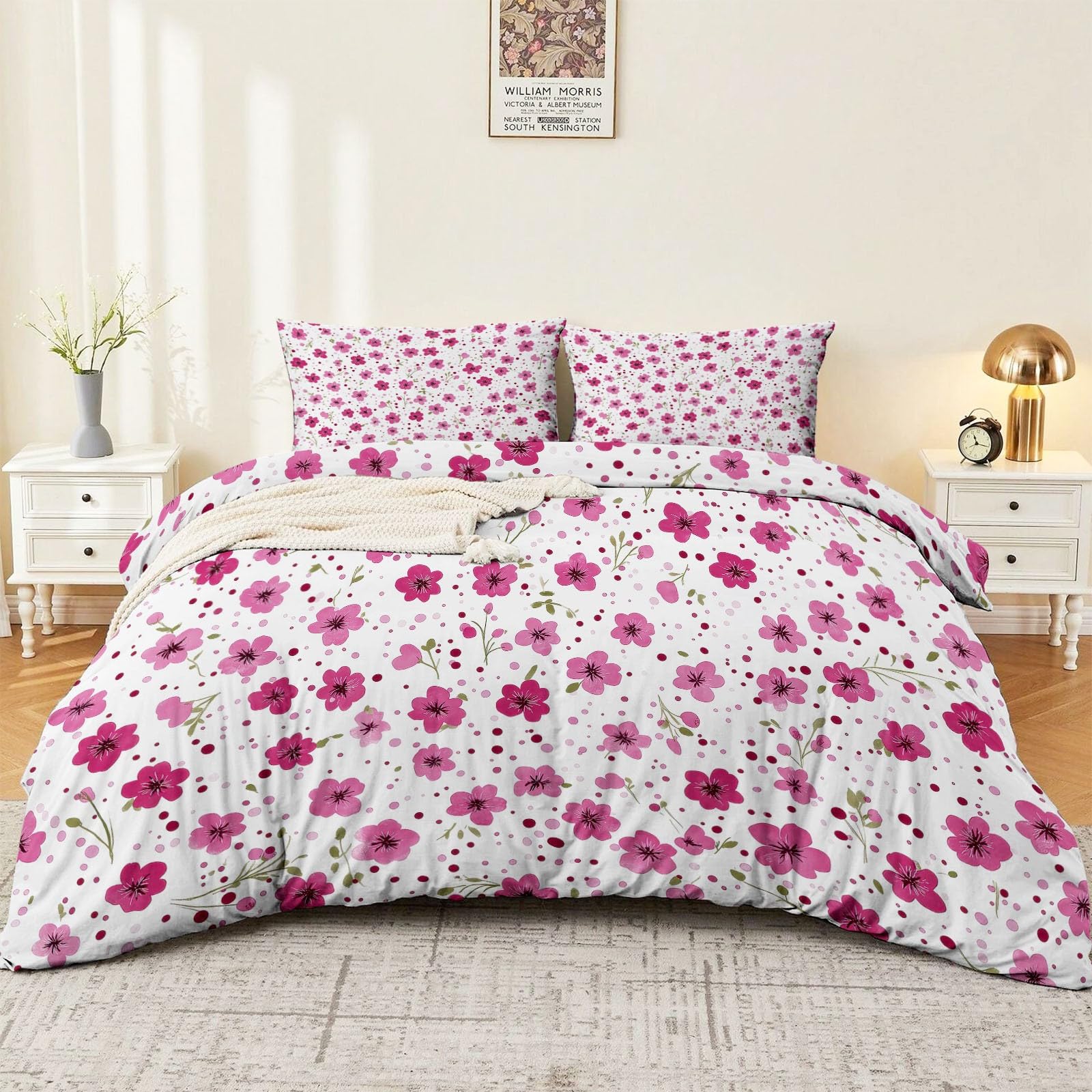 Biancheria da letto da 180 x 200 cm, motivo a pois floreali, rosa, traspirante, in morbida microfibra, stile coreano, per bambini, ragazzi e ragazze, con chiusura lampo e 2 federe