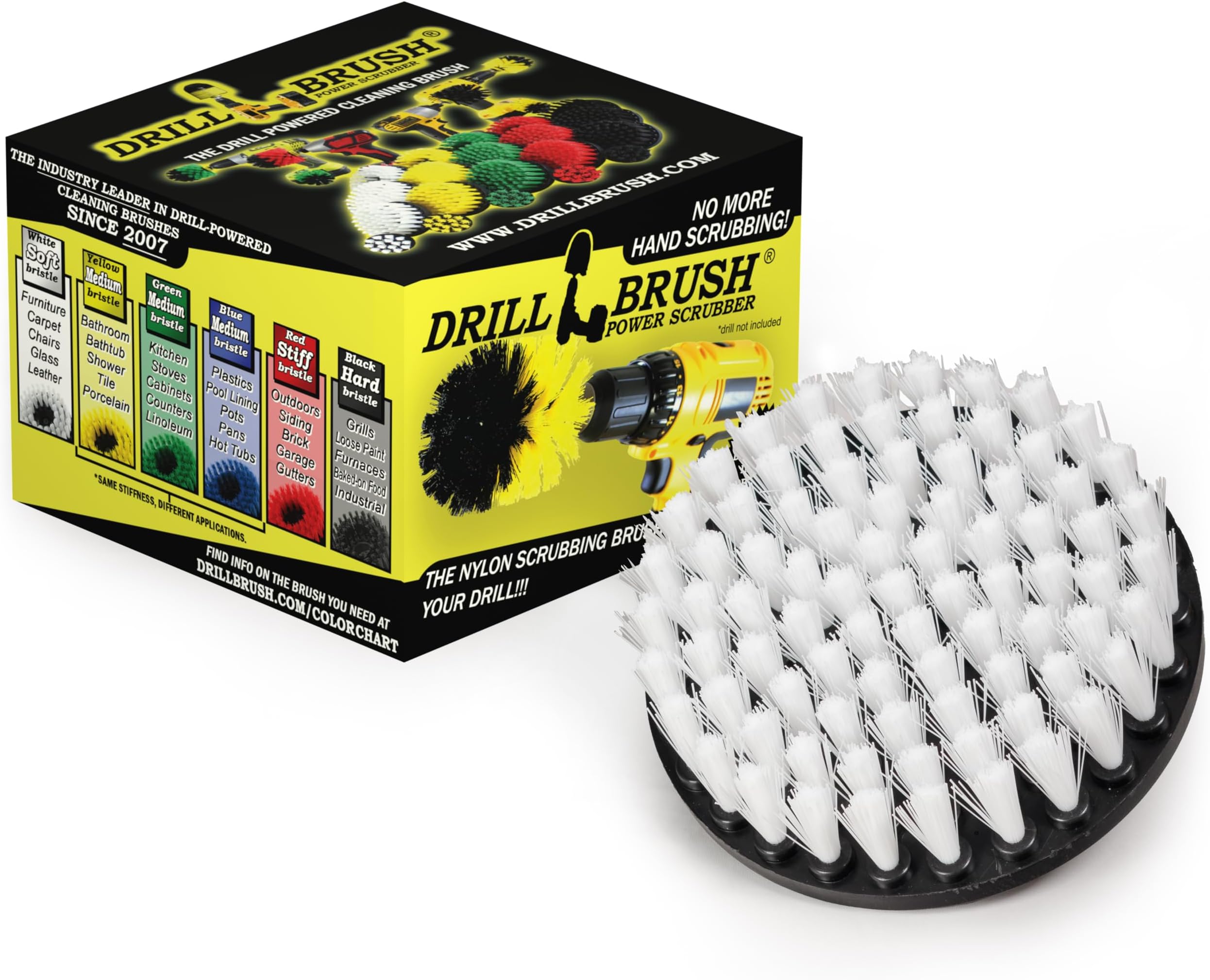 5 Inch Diameter Drill Powered Scrub Brush with Quarter Inch Quick Change Shaft (Automotive Soft-White)
