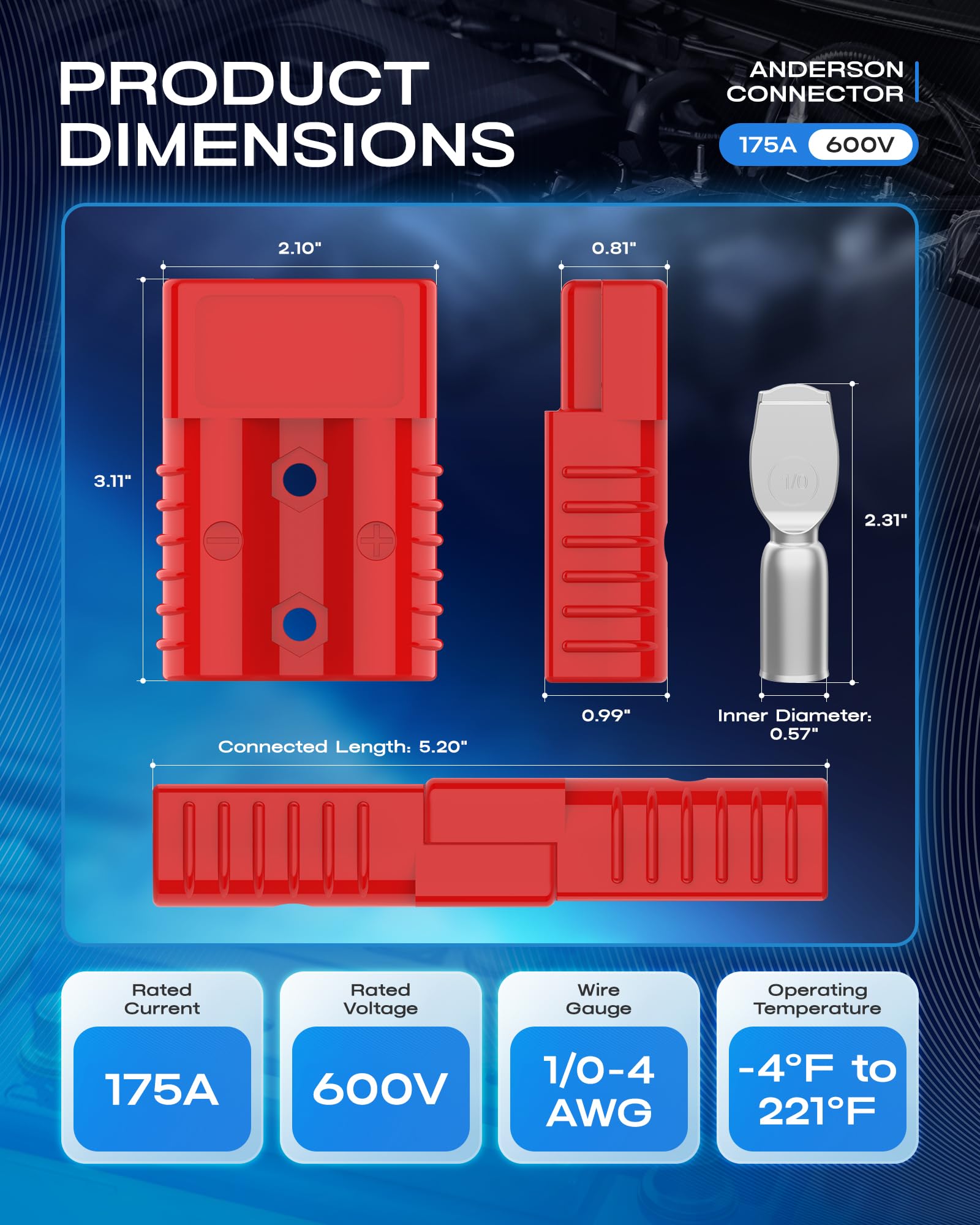 Anderson Connector 175A 600V Battery Quick Connect/Disconnect for 1/0-4 AWG Cables, Anderson Plug for Winch, Trailer, RV, Forklift (Red, 2 PCS) - 3