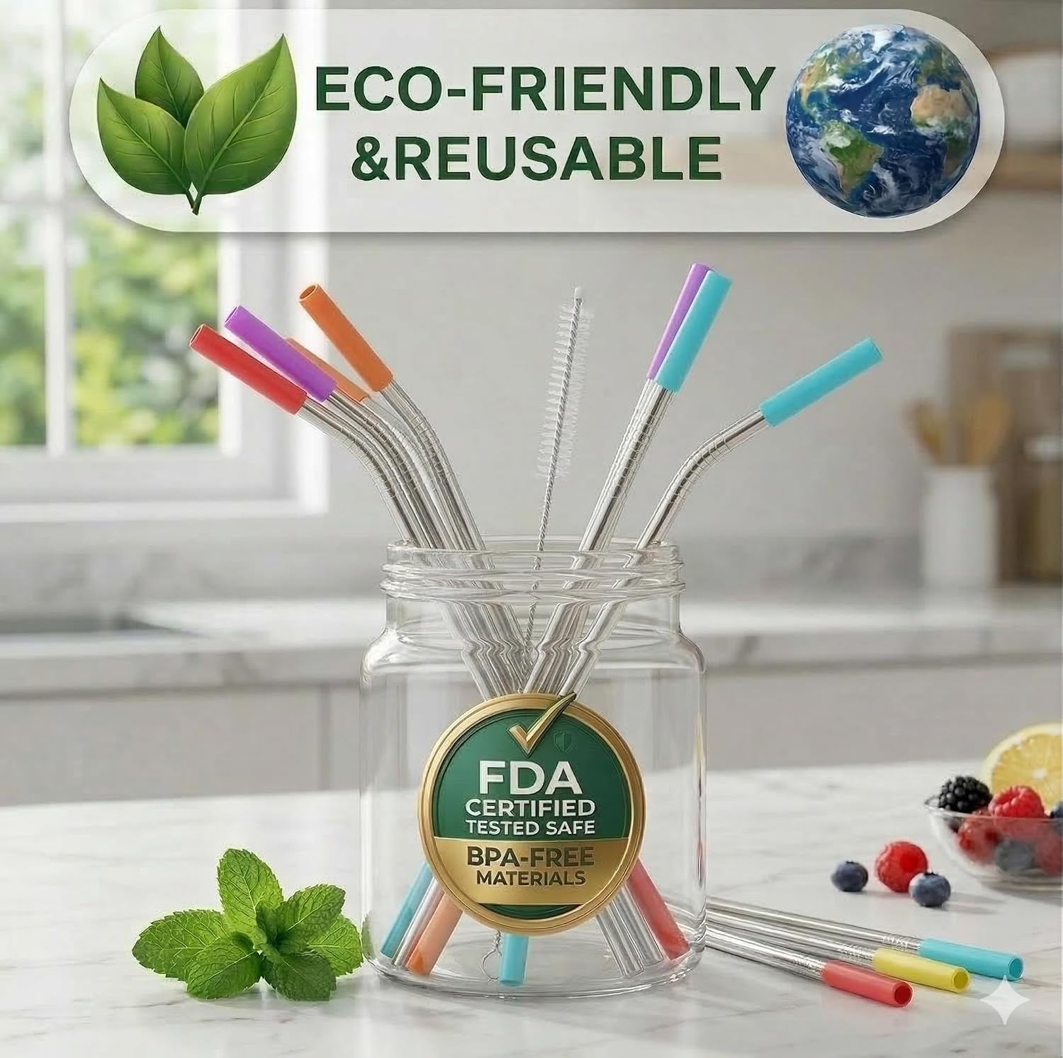 StrawExpert Set of 16 Reusable Stainless Steel Straws with Travel Case Cleaning Brush Silicone Tips Eco Friendly Extra Long Metal Straws Drinking for 20 24 30 oz Tumbler, Silver