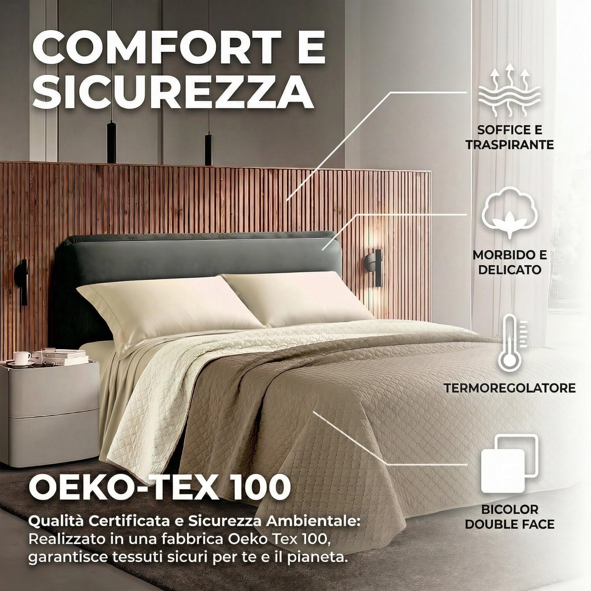 Riad Arredo Trapuntino Primaverile Bicolor Estivo Morbida Microfibra - Copriletto Trapuntato Leggero Double Face Tinta Unita (Cioccolato/Panna, 2 Piazze - 250X250 cm)