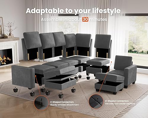 Miniatura 5 de CHIC HOUSE Sofá modular de pana con diván otomano, sofá cama en forma de LU para sala de estar, apartamento, salón, moderno reposabrazos y muebles