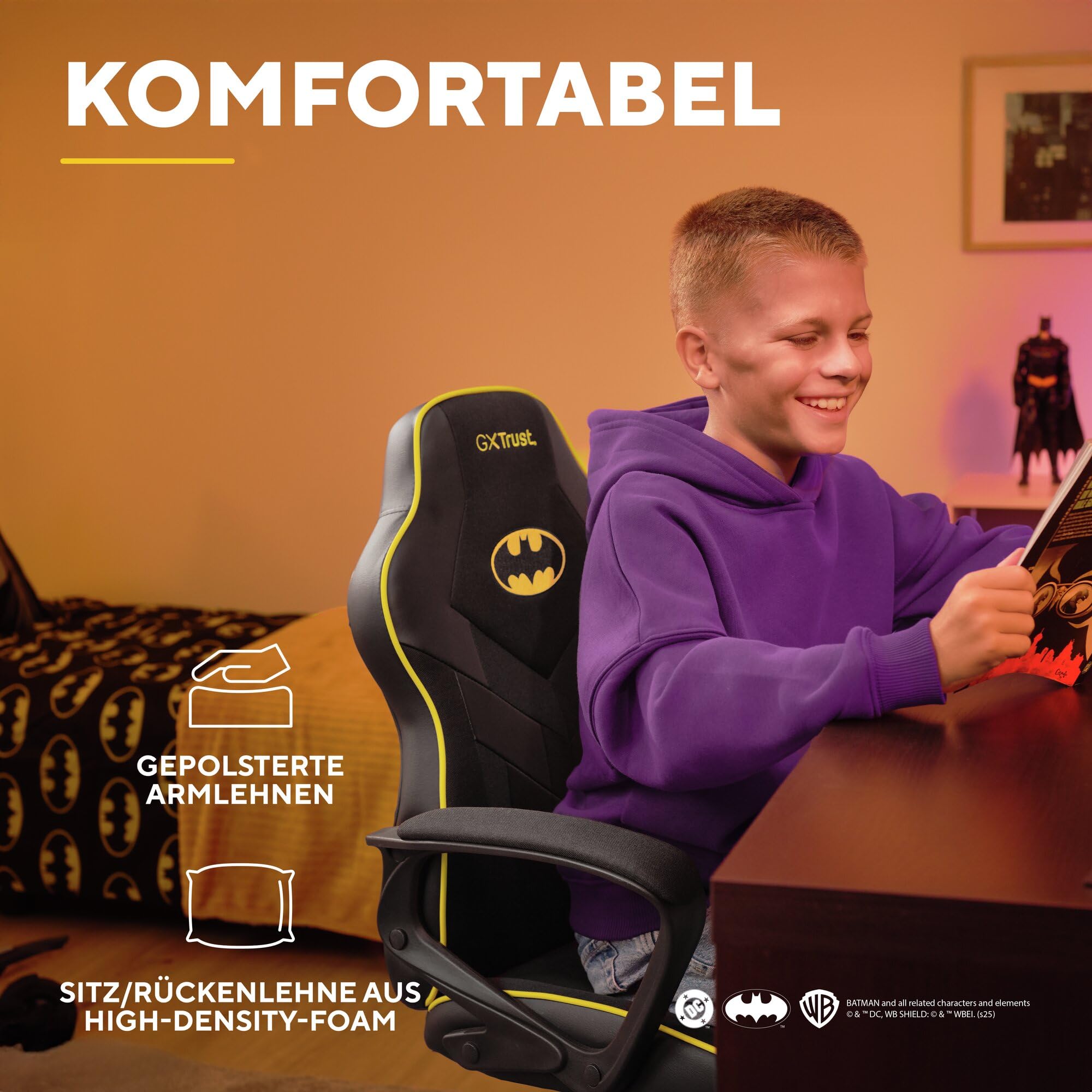 GXTrust Revvo Batman Lizenziert Gaming Stuhl für Kinder 4-12 Jahren | Gepolsterte Armlehne, Gasfeder Klasse 3, Stoffpolsterung, Höhenverstellbarer Schreibtischstuhl, Schwarz
