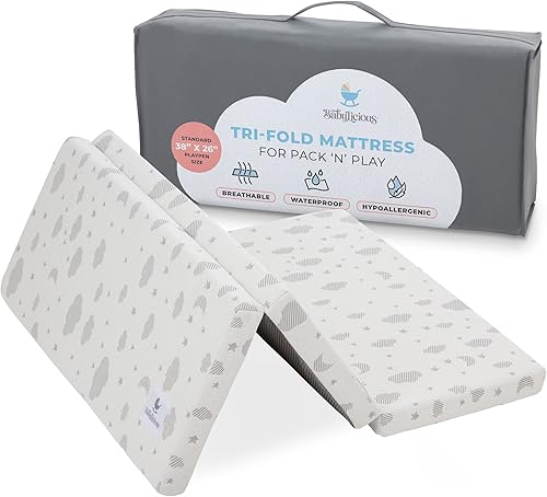 Waterproof Pack and Play Mattress Topper - 38" x 26" - Trifold Style - Breathable Soft Bamboo - Portable Trifold Playard Mattress Topper- Baby Foam