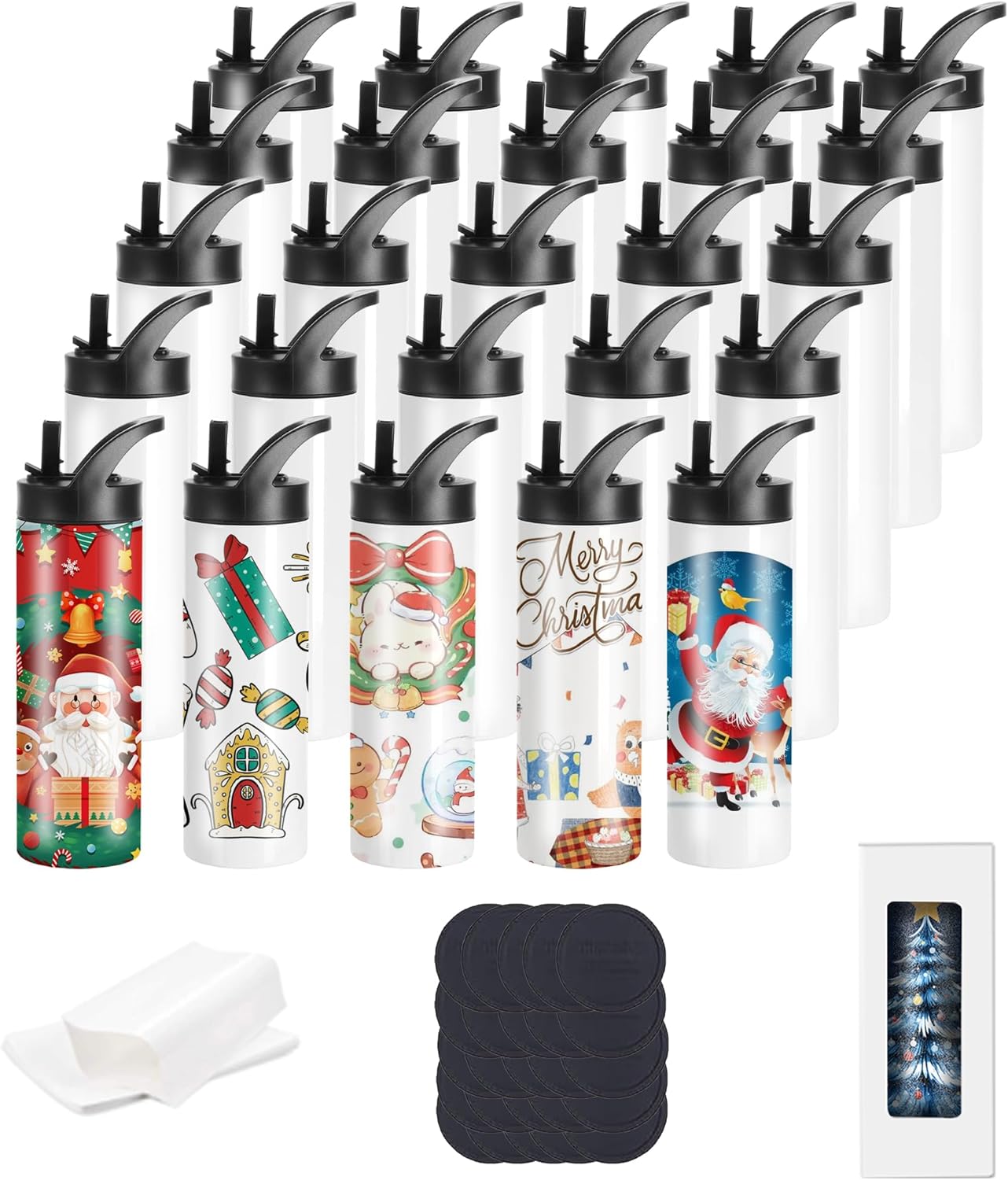 25 Pack Sublimation Tumblers Bulk With Flat Edge, Sublimation Tumbler Blank with Handle lid, Skinny Straight Stainless Steel Blanks Cups with Individual Box (25 PACK Handle Lids B)