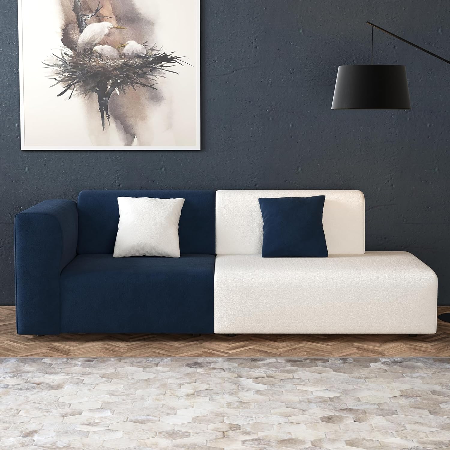 87.79” Modern Minimalist Fabric Sofa, Fashionable White and Navy Blue Modular Combination, Suitable for Living Rooms, Apartments, and L-Shaped Chaise Lounge in Bedrooms