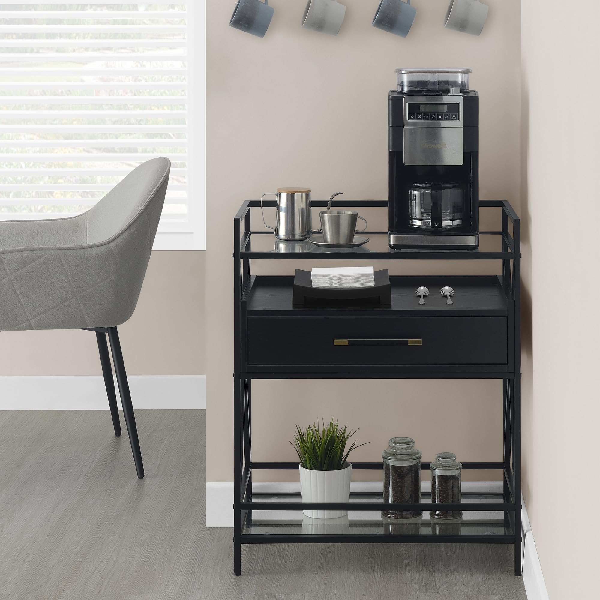 Convenience Concepts Gelnview Serving Bart 26" - 3 Tier Modern Wine Bar with Drawer, Glass Serving Station for Kitchen, Dining Room Storage, Black/