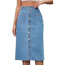 Women's Denim Skirt, Button Down, Front Slit with Pockets, High Waist, Pencil Midi Length, Jeans Skirt