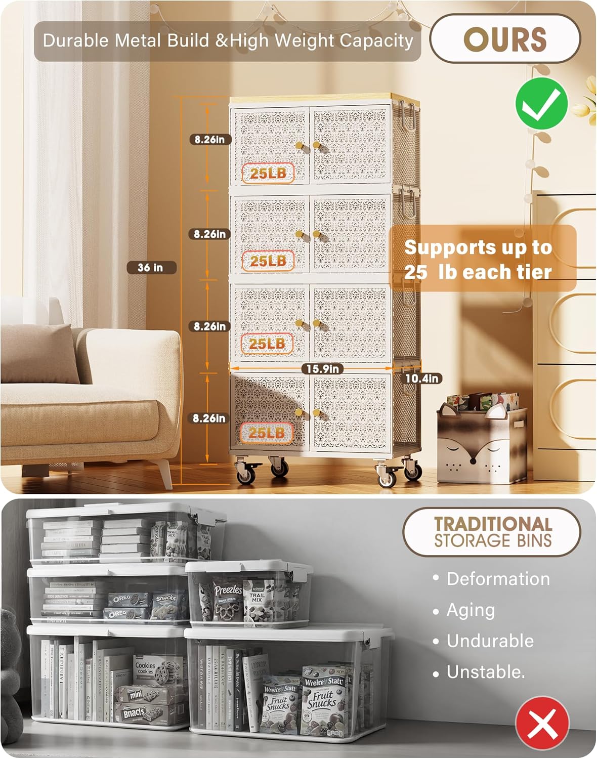 4 Tier Metal Storage Cabinet with wheels, Storage Bins with Magnetic Doors, Storage Cart for Living Room