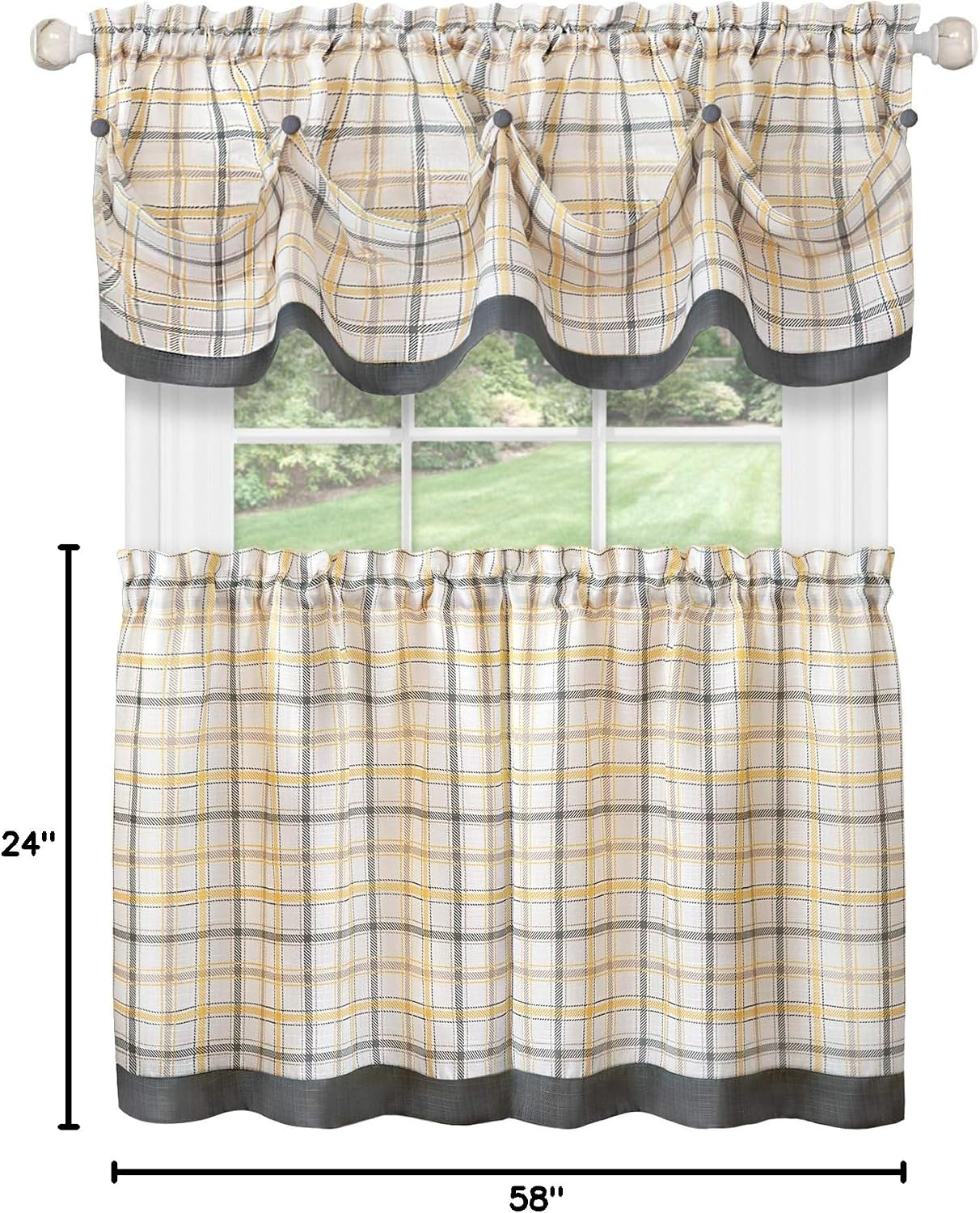 Achim Home Furnishings Tattersall Tier Pair and Valance Set - 58 x 24/58 x 14 - Grey