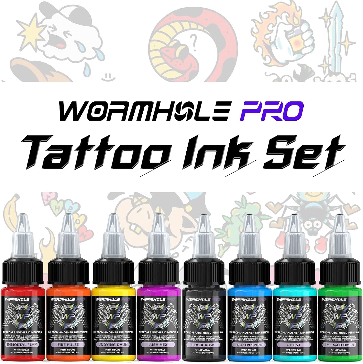 8-Color Tattoo Ink Set Wormhole PRO Tattoo Ink 0.5OZ (15ml) - Vegan, Vibrant, Fade Resistant Pigment for Coloring, Lines, and Color Packaging - Artist Ink Set
