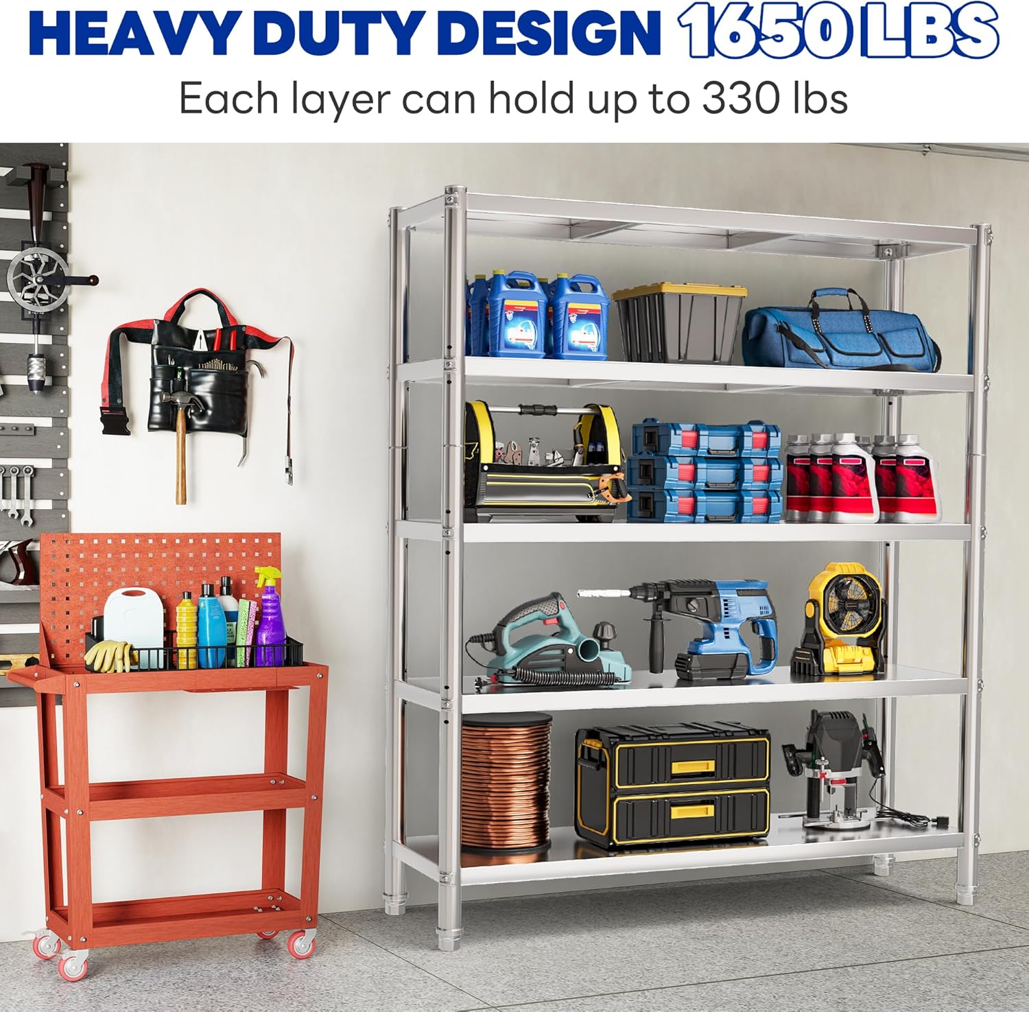Stainless Steel Shelving Unit 60x18in, NSF Metal 5-Tier Adjustable Storage Shelves for Kitchen, 330lb Capacity per Heavy Duty Shelf for Commercial, Office, Garage, Warehouse
