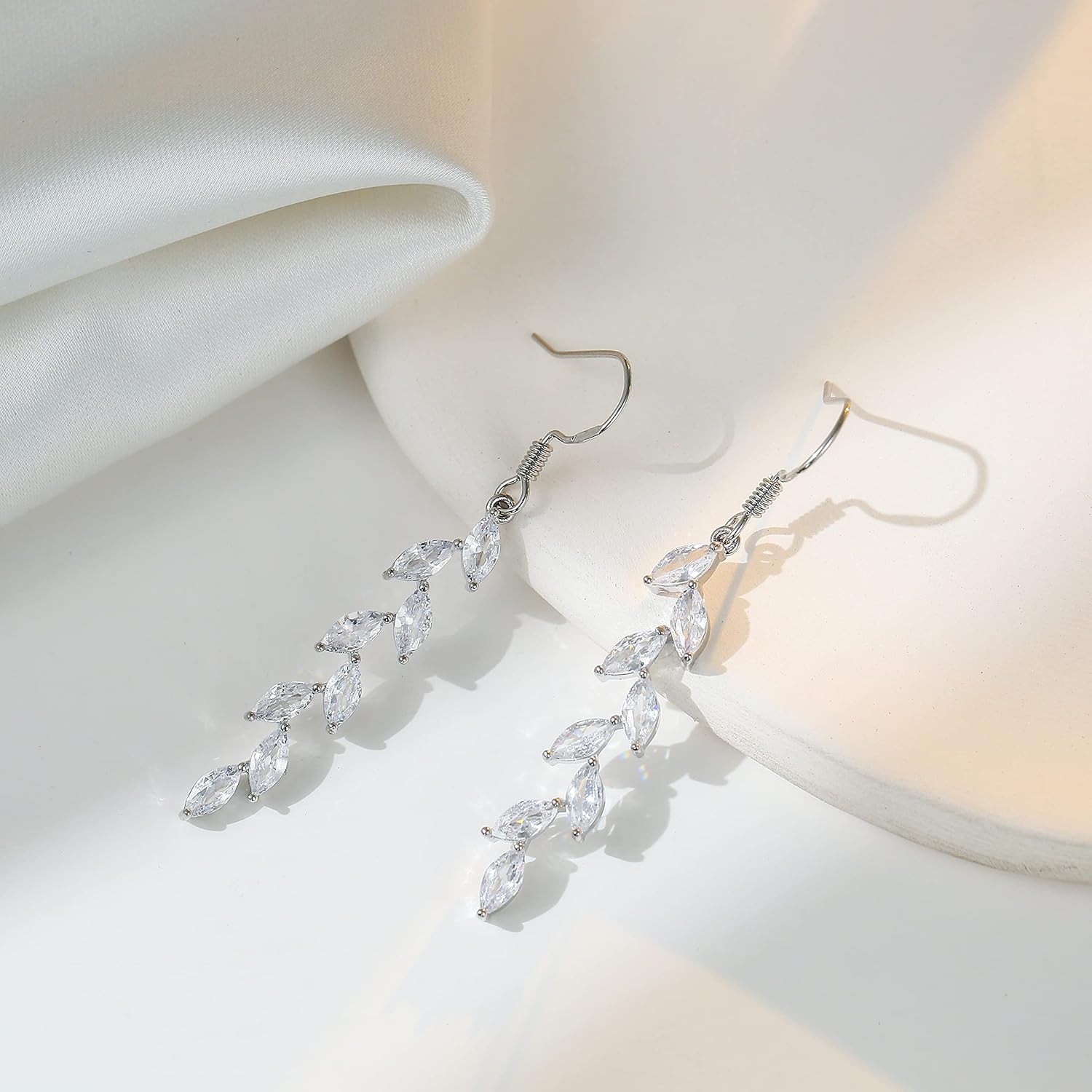 925 Silver Dangle Earrings for Women Olive Leaves Crystal Dangle Earrings for Wedding Sparkly Prom Dangle Earrings for Party - Image 5