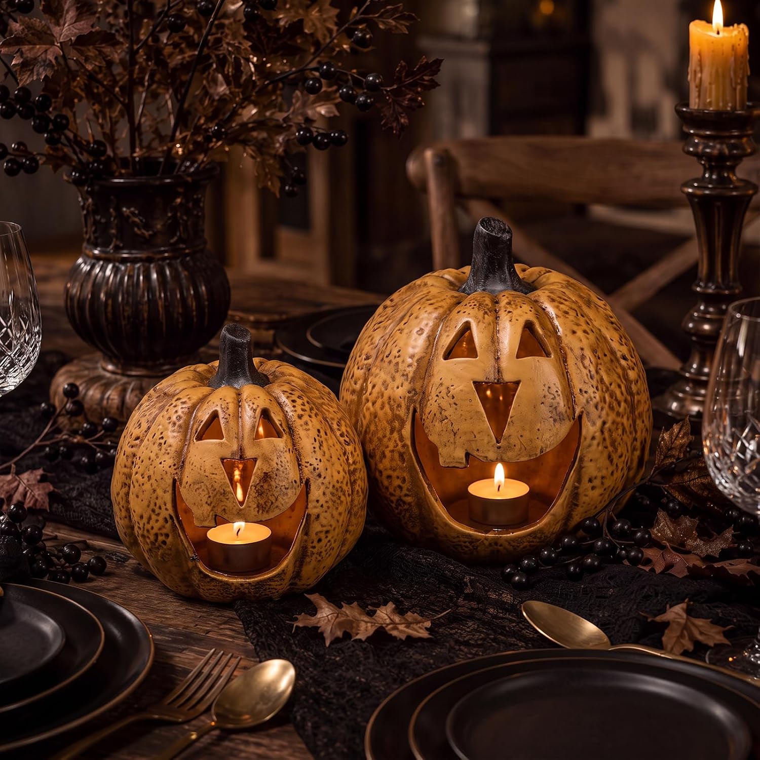 Glooglitter 2 Pieces Halloween Jack O Lantern Pumpkin Resin Lanterns