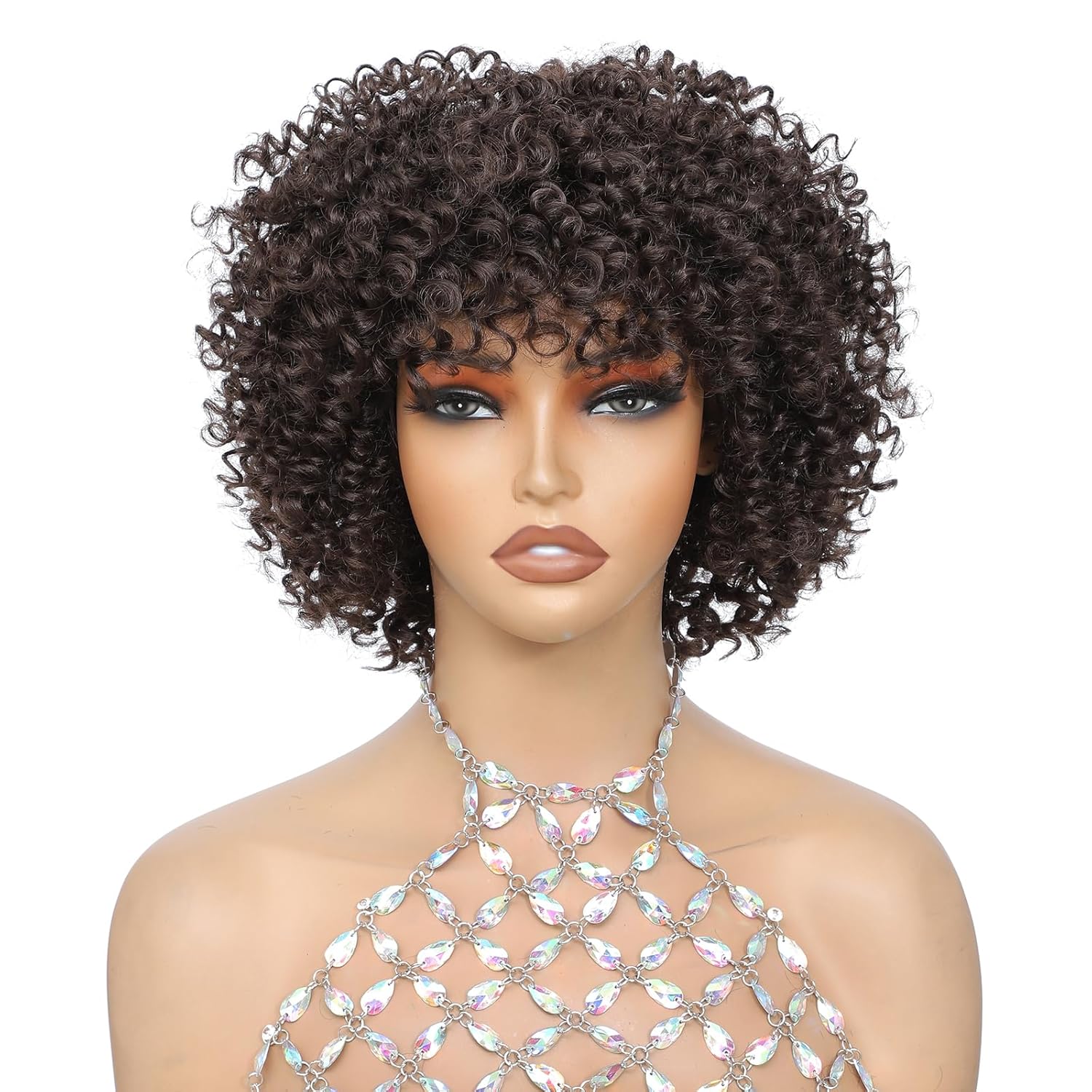Short Curly Wig, Brown 4#, 3C curls, Wig with Bangs Beginner Friendly Glueless Synthetic Afro Wigs for Women Ready to Wear Bouncy and Chic 6 Inch Brown