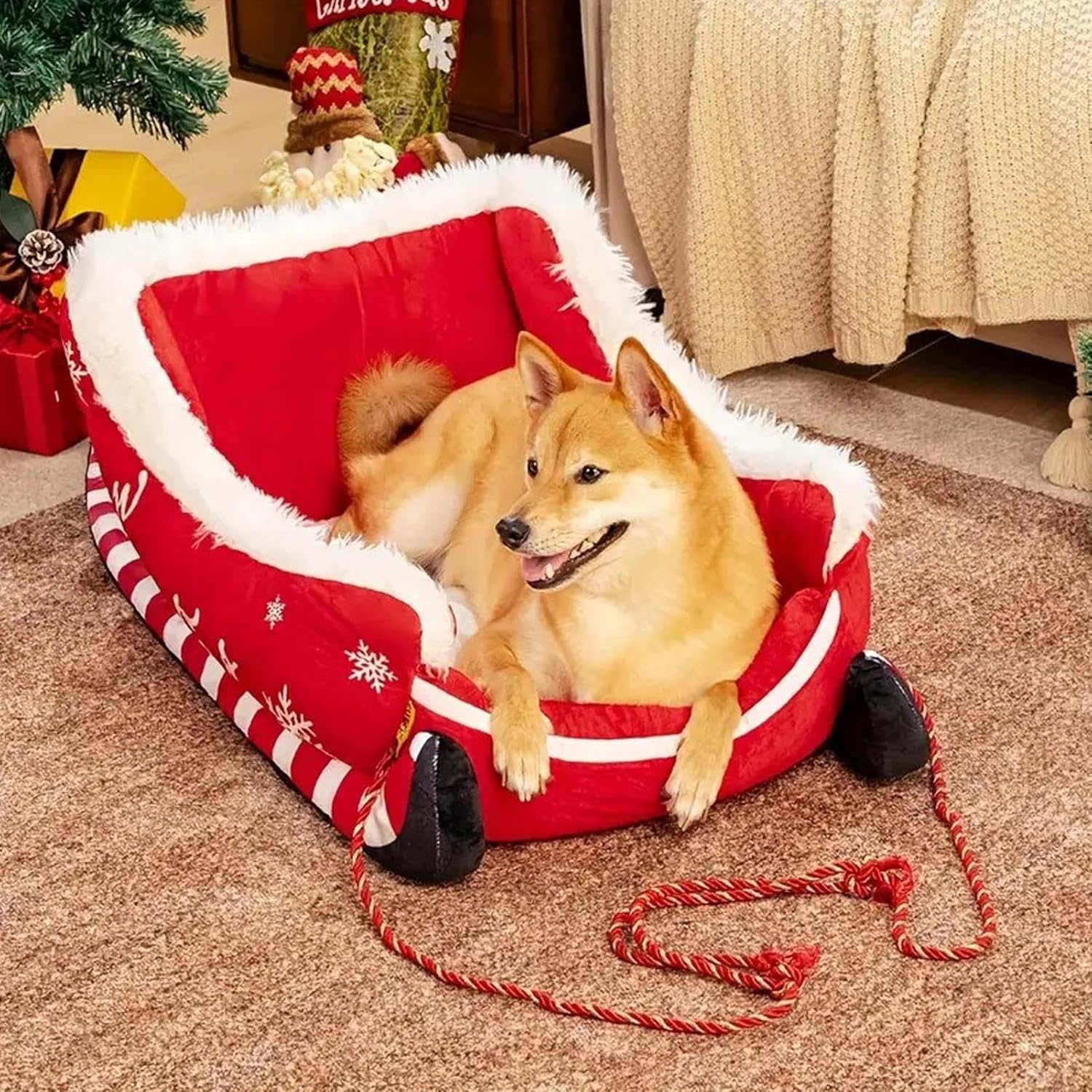 Christmas Sleigh Dog Bed, Christmas Themed Pet Sleigh Bed, Funny Santa Sleighs Pet Warm Washable Dogs Beds, Non-Slip Base Warm Pad Cushion, for Winter Animal Indoor Outdoor Outside Car Sofa