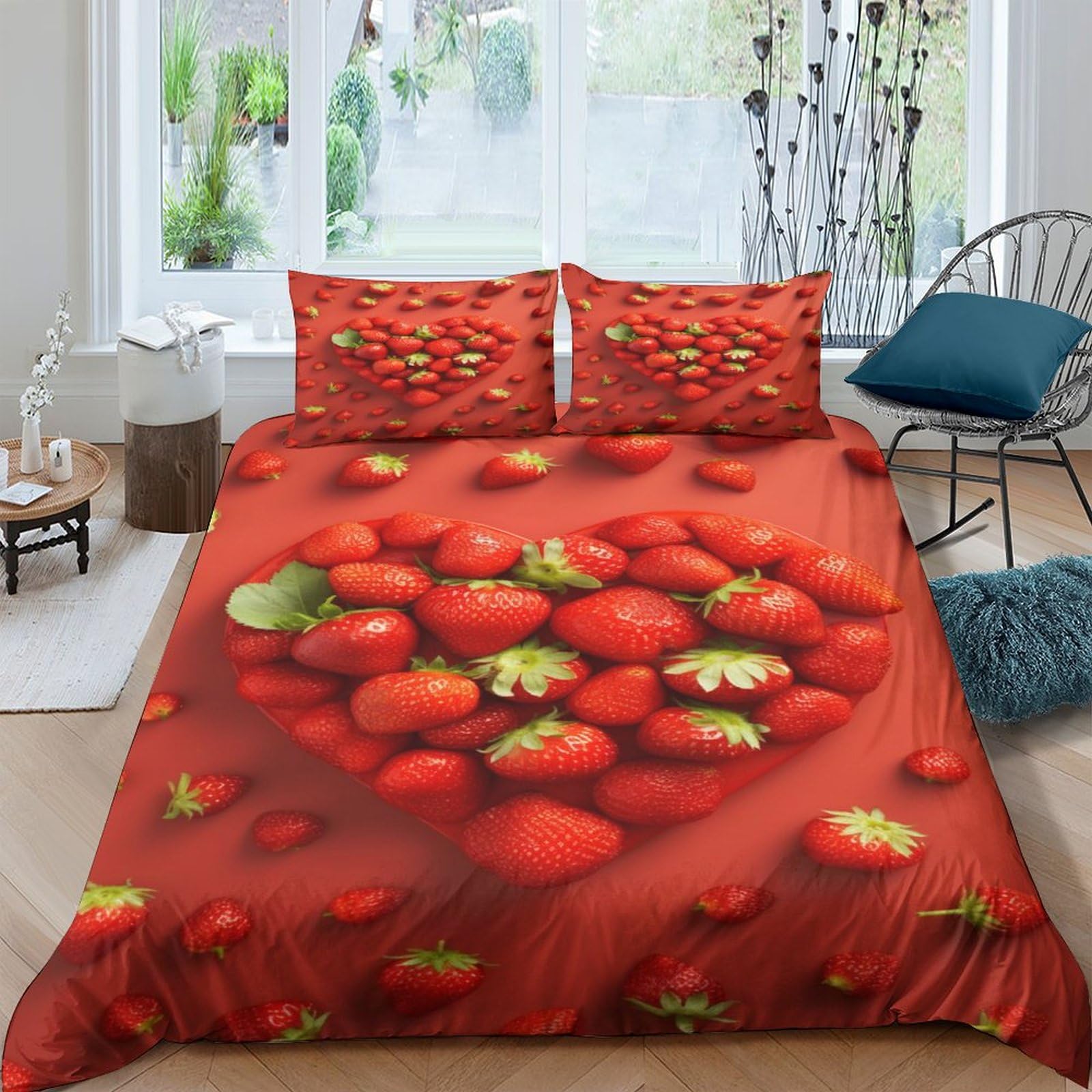 Housse de couette 3D fraise parure de lit 3 pièces microfibre 200x200cm pour adulte et enfant