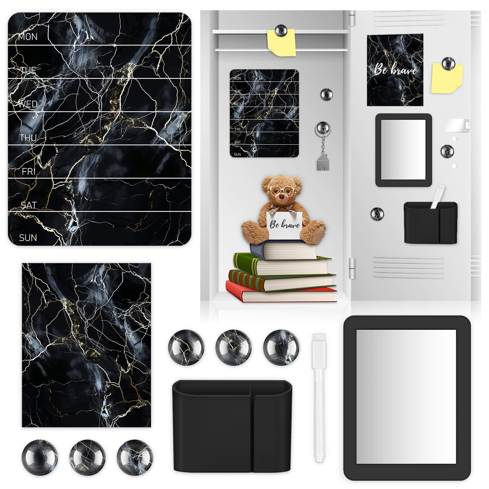 Gosodeny 11 Pcs Black Marble Locker Accessories Kit with Magnetic Whiteboard Locker Mirror and Pen Holder Marble Lockers Organizer Decorations Back to School Essentials Decorations