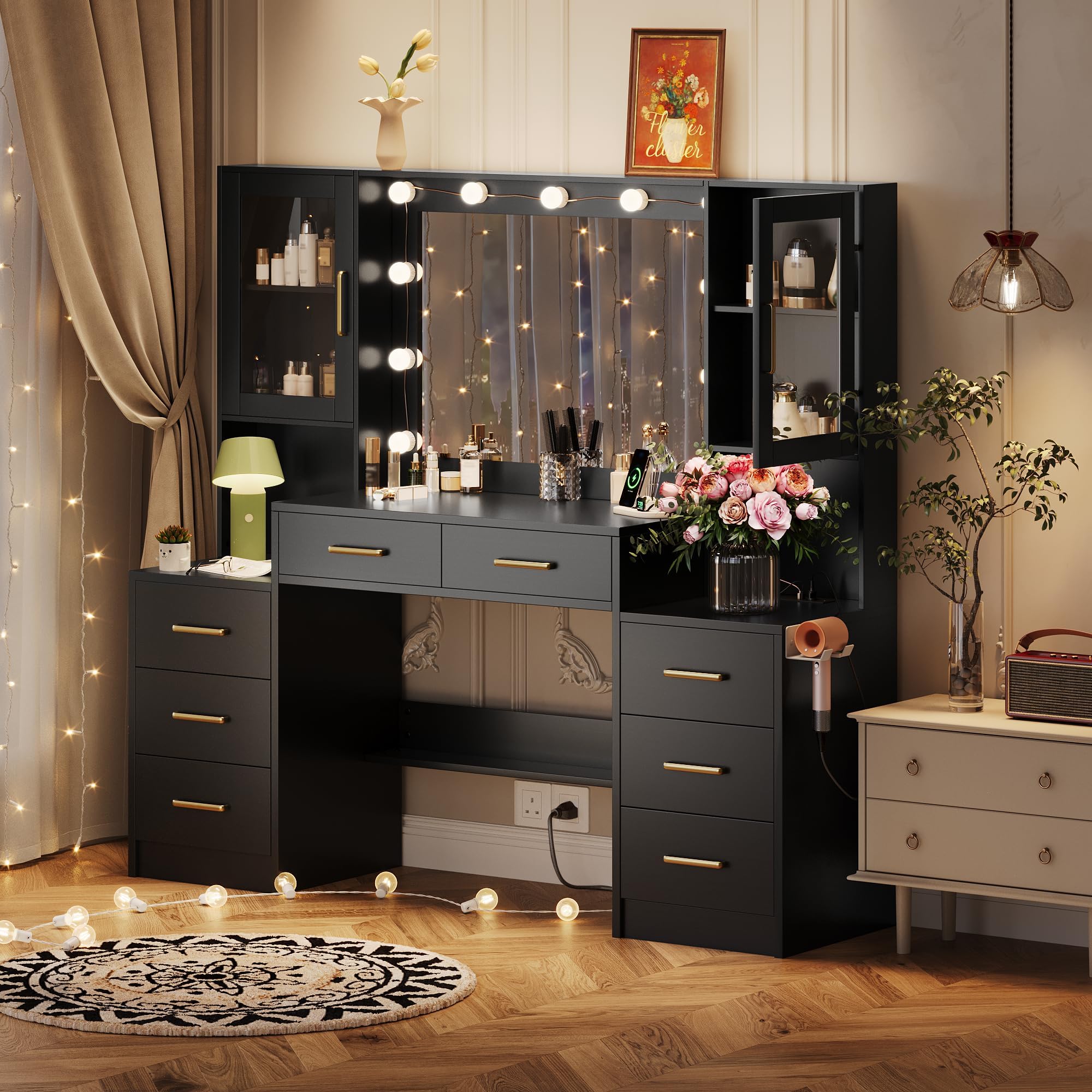 black dresser vanity FUFU&GAGA 2-Piece Black Vanity Set with LED Mirror, Bedroom Storage, Chest of Drawers, Makeup Vanity Set, Dresser with Mirror ZN-260075-01+7