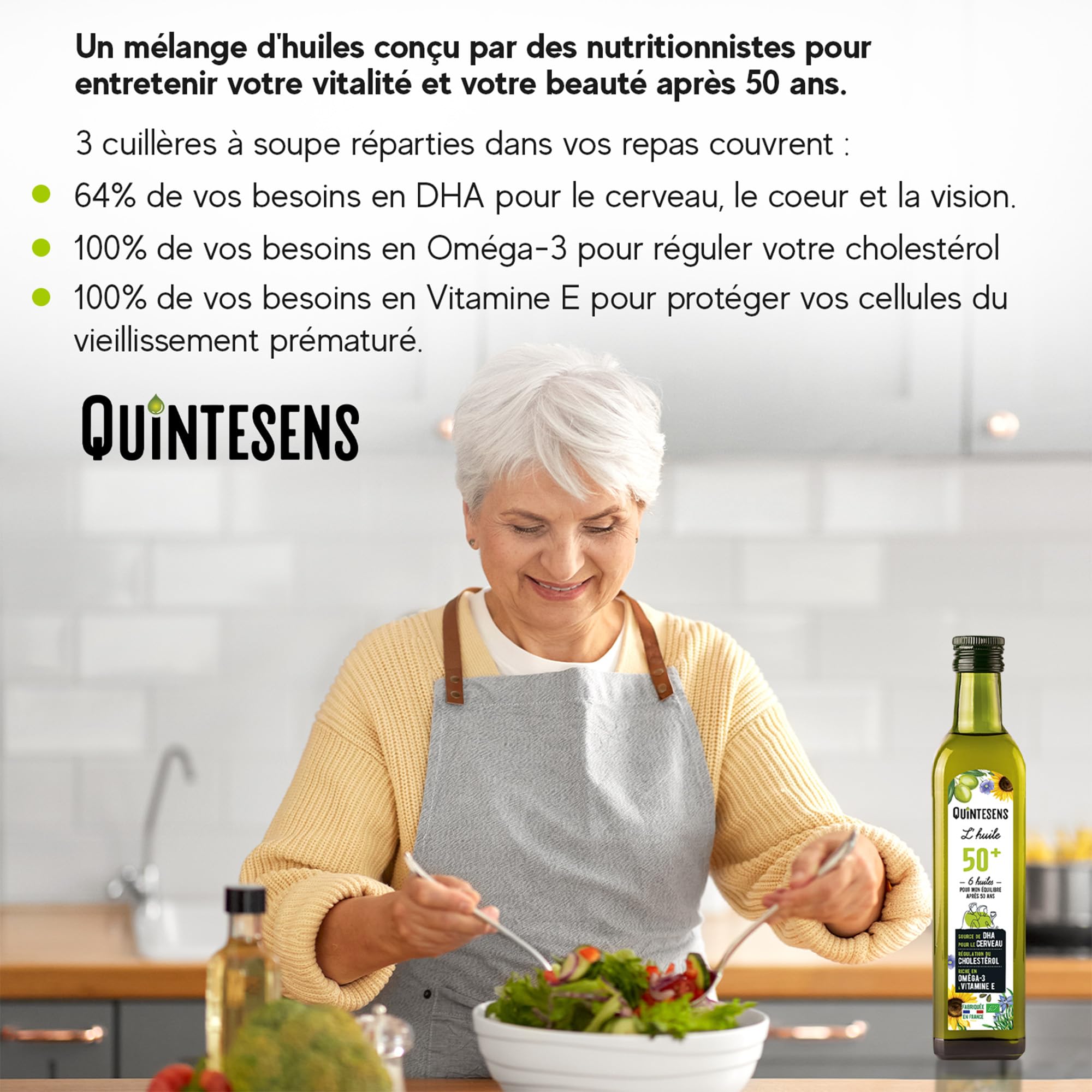 Lot de 3 Huiles Sénior (50+) QUINTESENS 500ml- Entretien de la Vitalité & de la Beauté - Régulation du cholestérol & Soutien pour cœur, cerveau & vision - Production 100% Française & Biologique