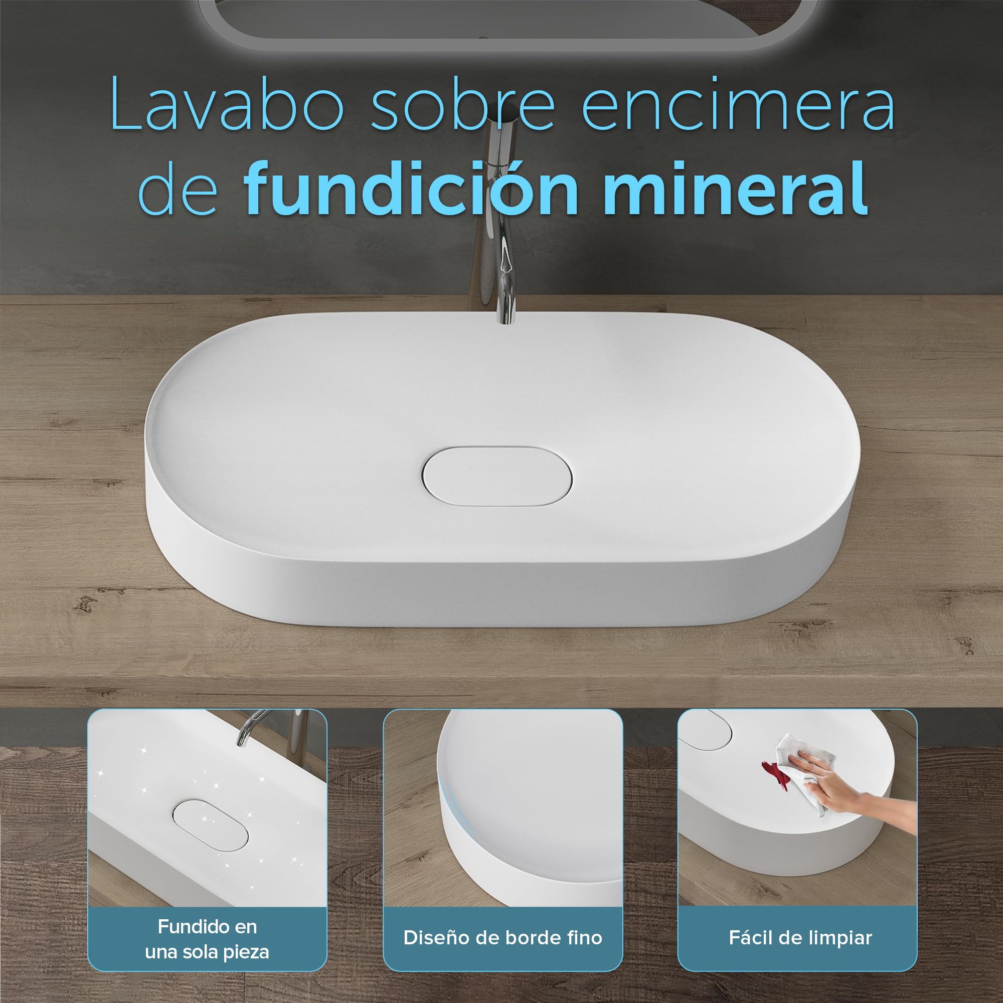 doporro Lavabo sobre Encimera Lavabo Baño | Ovalado | Blanco Mate | Mármol Fundido con Recubrimiento de Nano Fácil de Limpiar | 70x36x10cm | Colossum826