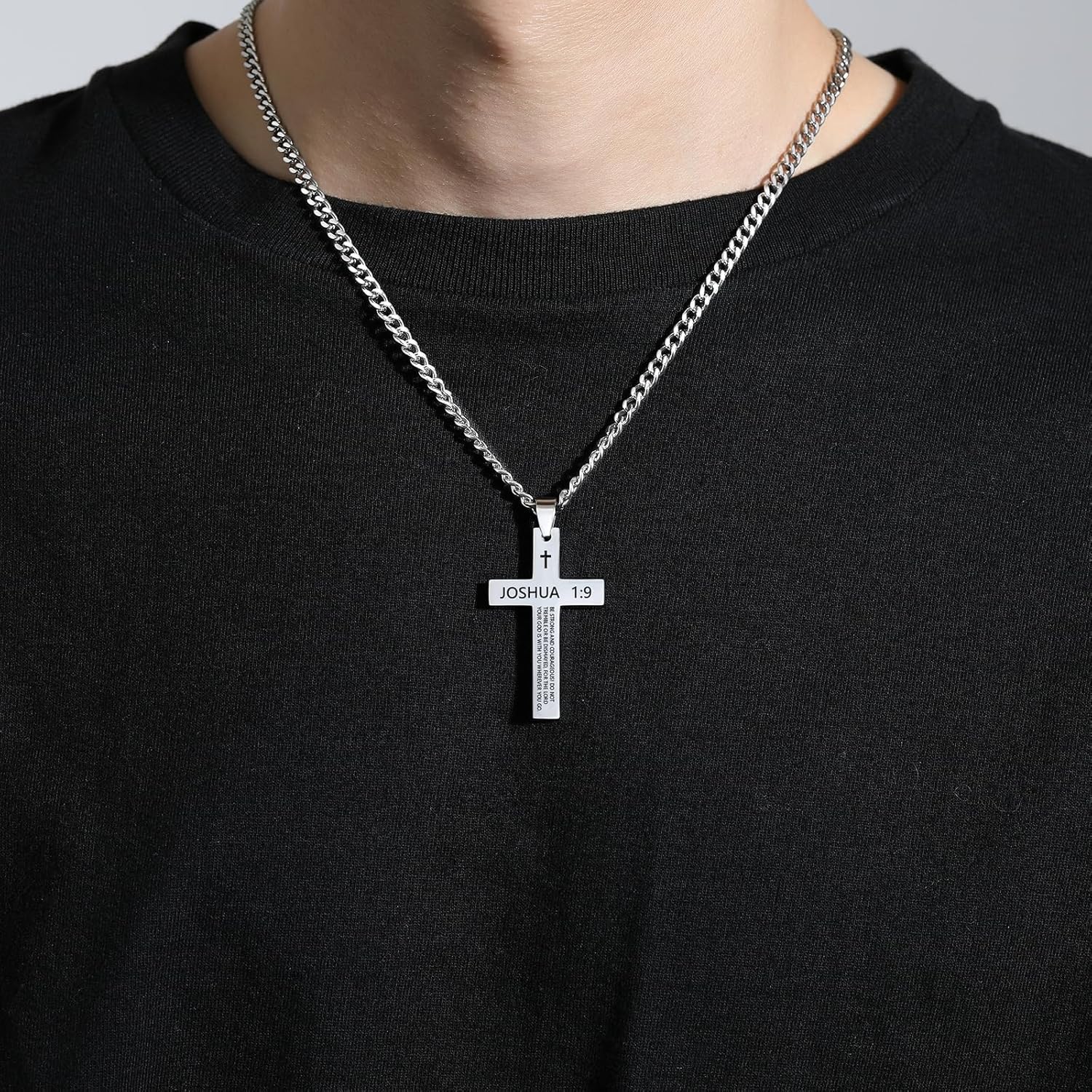 REVEMCN Inspirational Bible Verse Cross Necklace for Men Boys, Stainless Steel Plain Black Silver Cross Pendant Necklace for Men 20-24 Inches Curb Chain Faith Jewelry Gift - Image 5