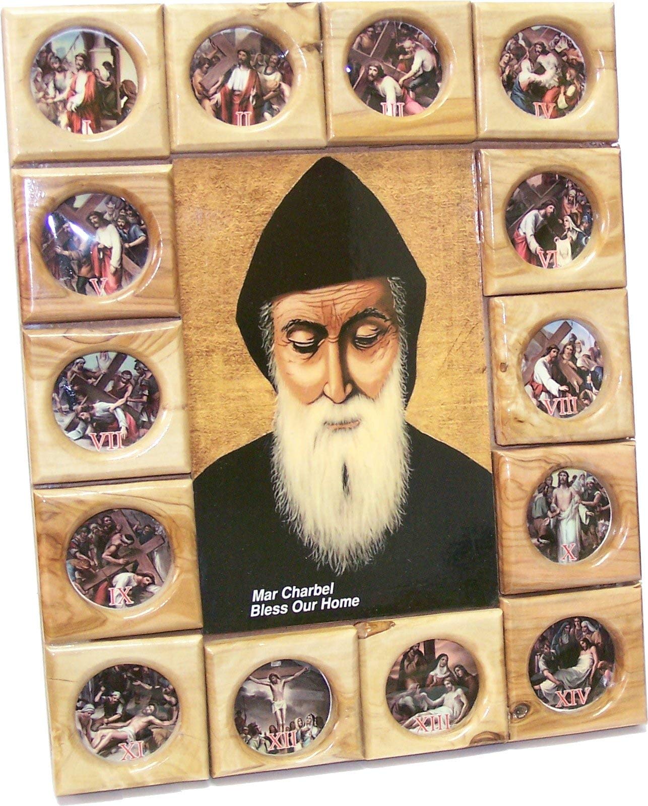 Holy Land MarketStations of The Cross Icon Plaque All in Olive Wood from Bethlehem (29 x 24 cm or 11.5 x 9.5 inches) (Saint Charbel)