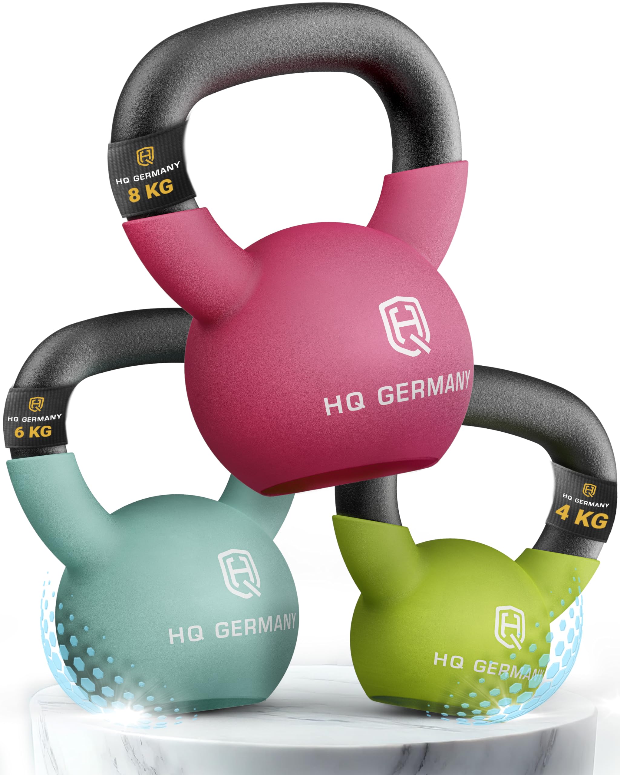 HQ Germany® Kettlebell Neopren [optimaler Bodenschutz] - Kugelhantel 2-32kg | Einteiliger Gusskern, pulverbeschichteter Griff, ±2% kalibriert, ergonomisch je Gewicht, Neoprenschicht