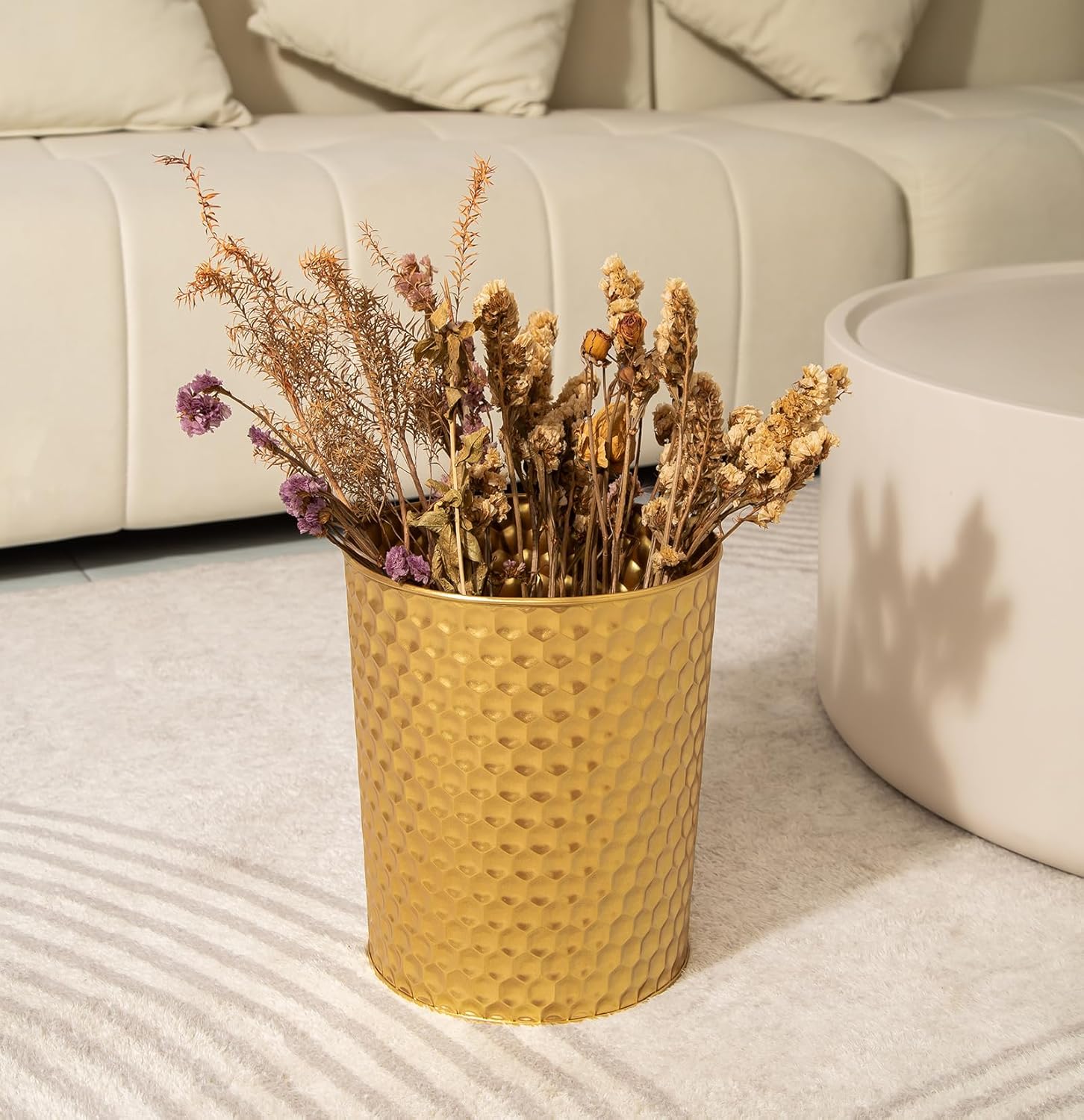 Venalys Large Metal Trash Can Wastebasket, Decorative Honeycomb Garbage Can, Modern Farmhouse Round Bin for Bathroom, Bedroom, Kitchen and Office (Gold)