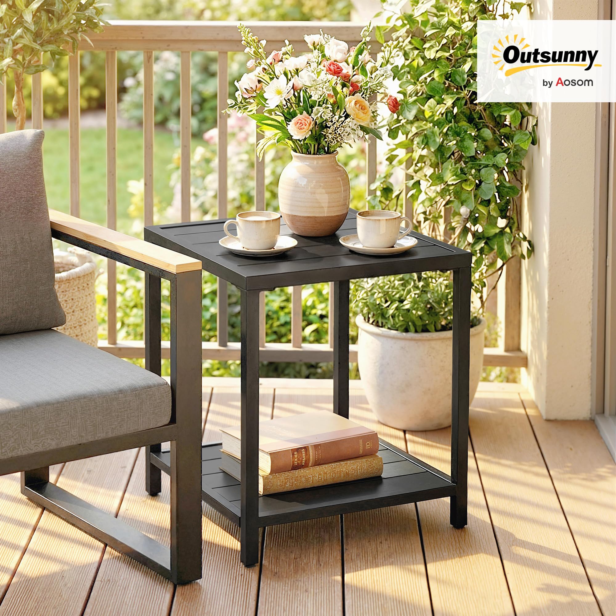 Outsunny Table Basse Extérieure Métal 2 Niveaux, Table de Jardin Carrée avec Étagère, Résistante aux Intempéries, Noir