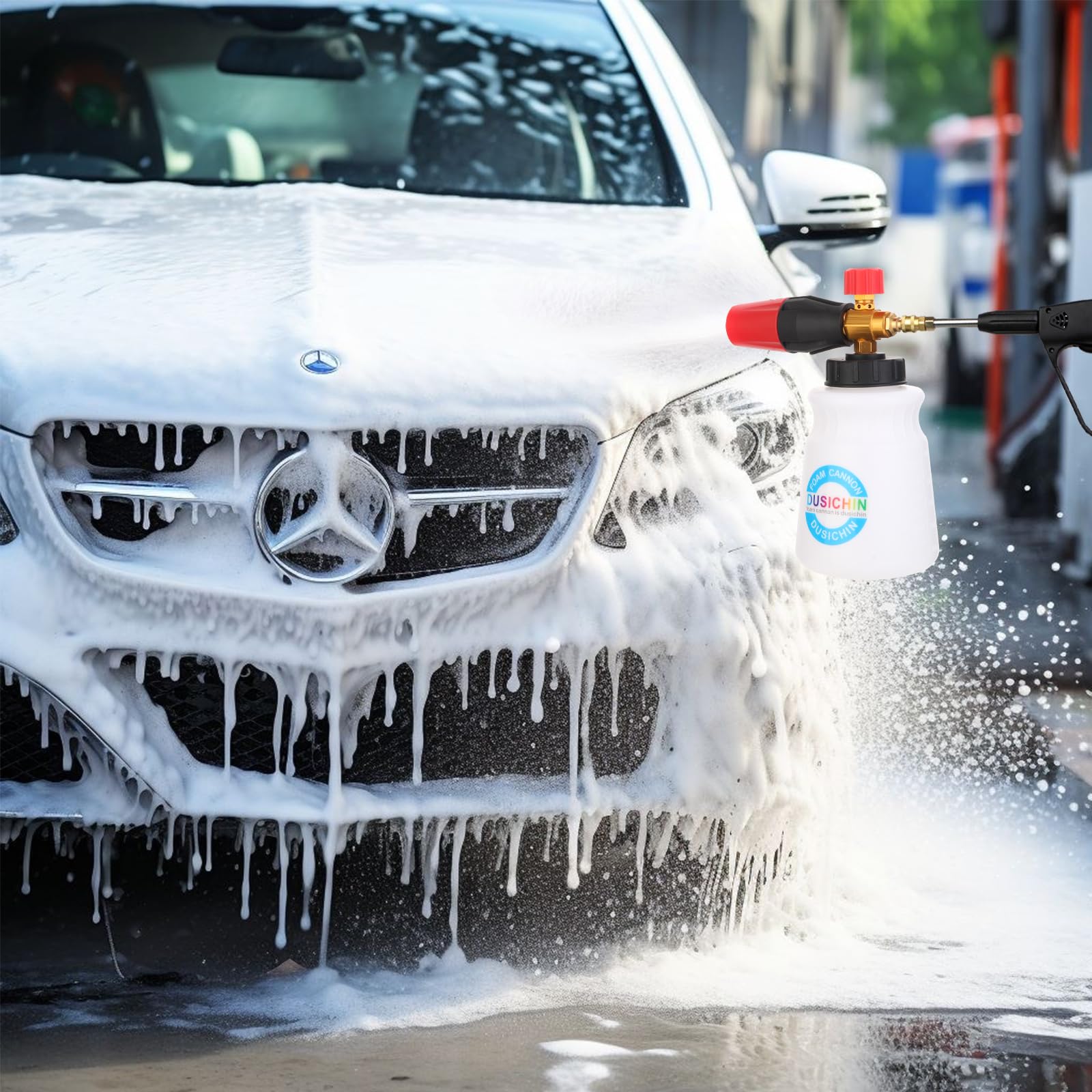 DUSICHIN Cañón de Espuma de jabón para Lavadora a presión, Pistola de Espuma, pulverizador de jabón, 4000 PSI, Pistola de Espuma de Nieve de Cuello Ancho, Boquilla Ajustable, Lavadora de Coche con
