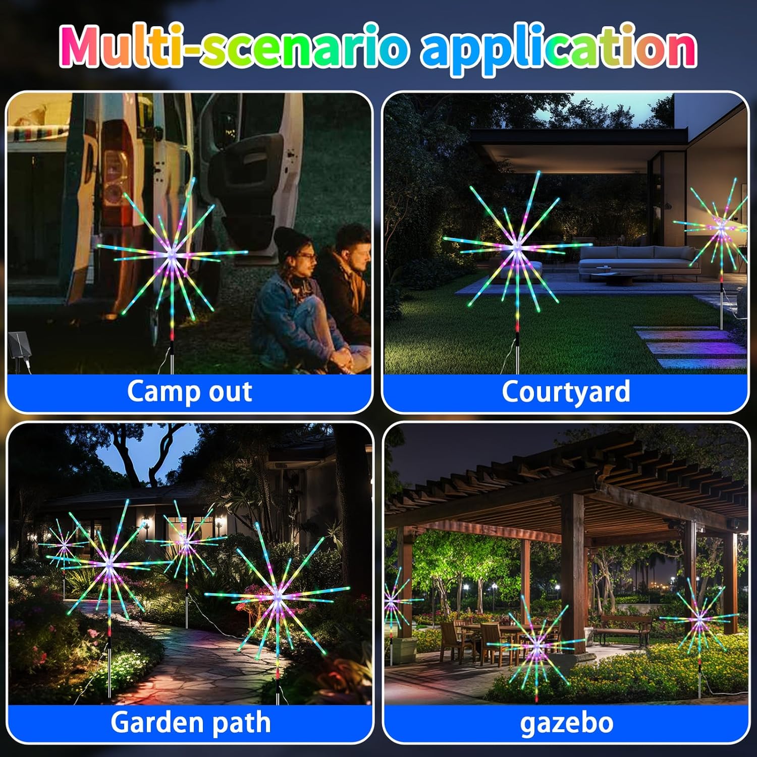 Solar Garden Lights Outdoor 2 Pack Color Changing Solar Powered Firework Lights with 9 Colors 16 Modes Remote Waterproof Rechargeable Timer Starburst Light for Christmas Pathway Backyard Yard Patio