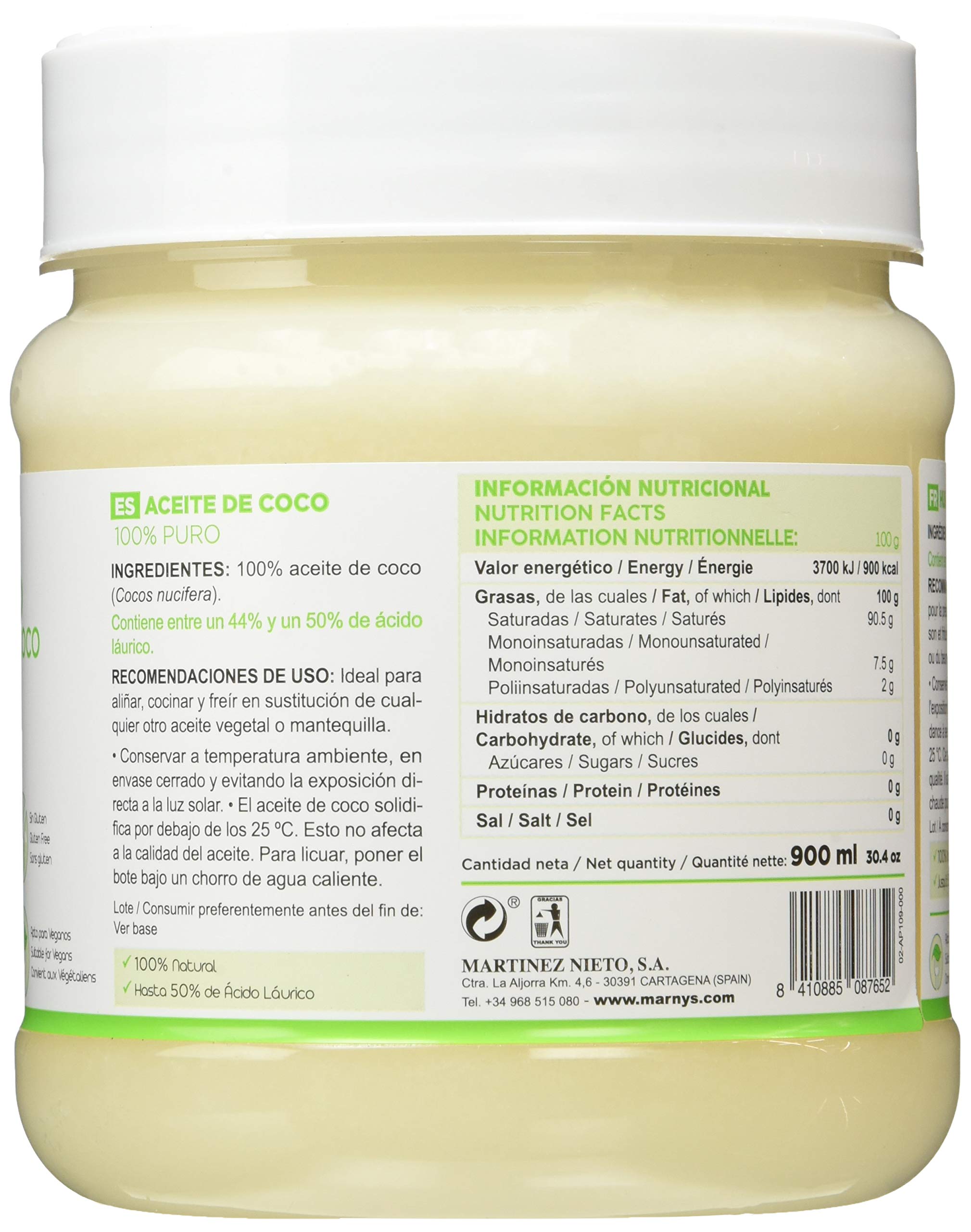 MARNYS Aceite de Coco Alimentario 100% Puro Natural 900ml