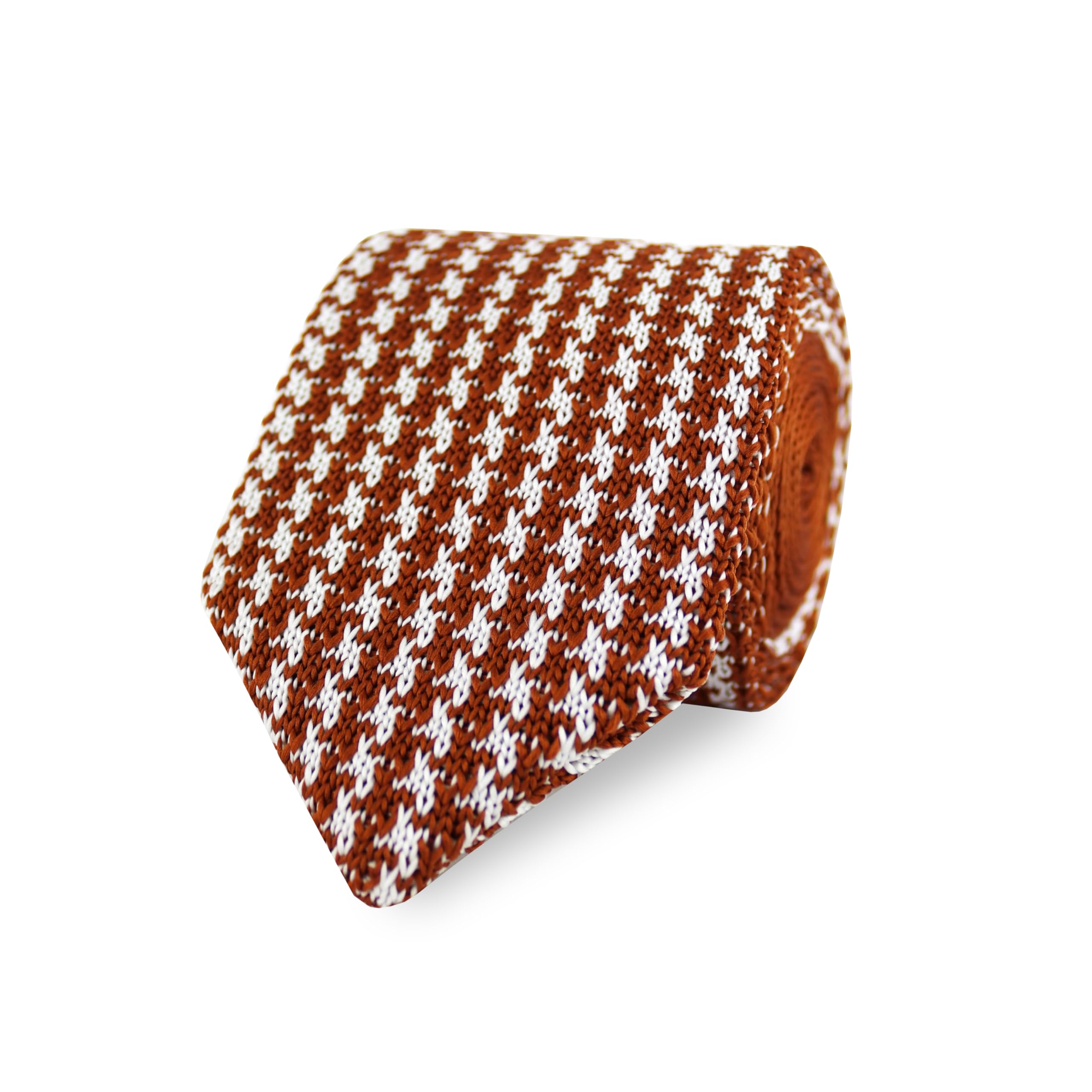 The Gents Lab Men's Rust Orange Diamond End Knitted Neck Tie With Houndstooth Design | Made From 100% Soft Polyester | Over 10+ Colours (Rust Orange)