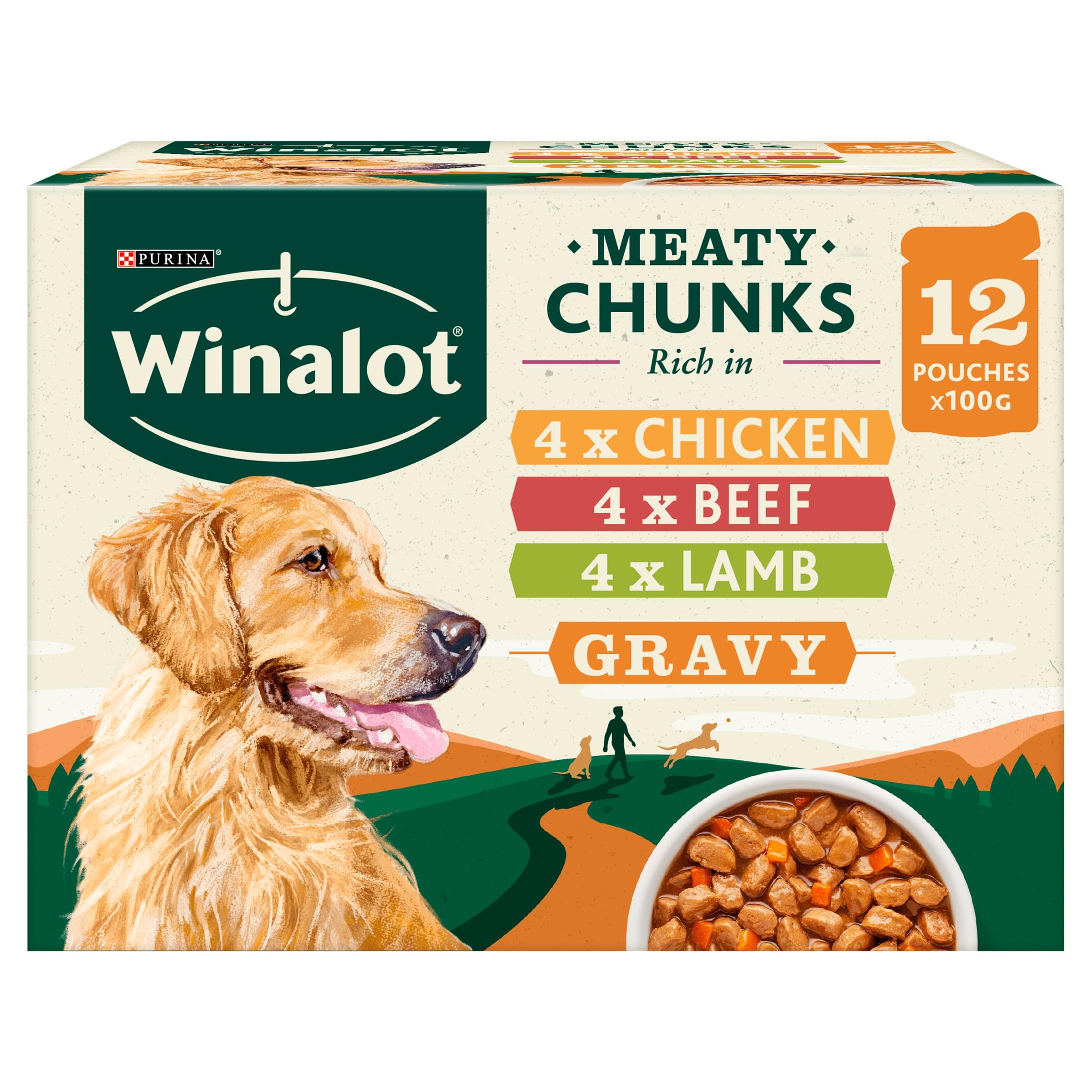 Winalot Meaty Chunks in Gravy Wet Dog Food Pouches - Chicken, Beef, Lamb - 12 Pack x 100g