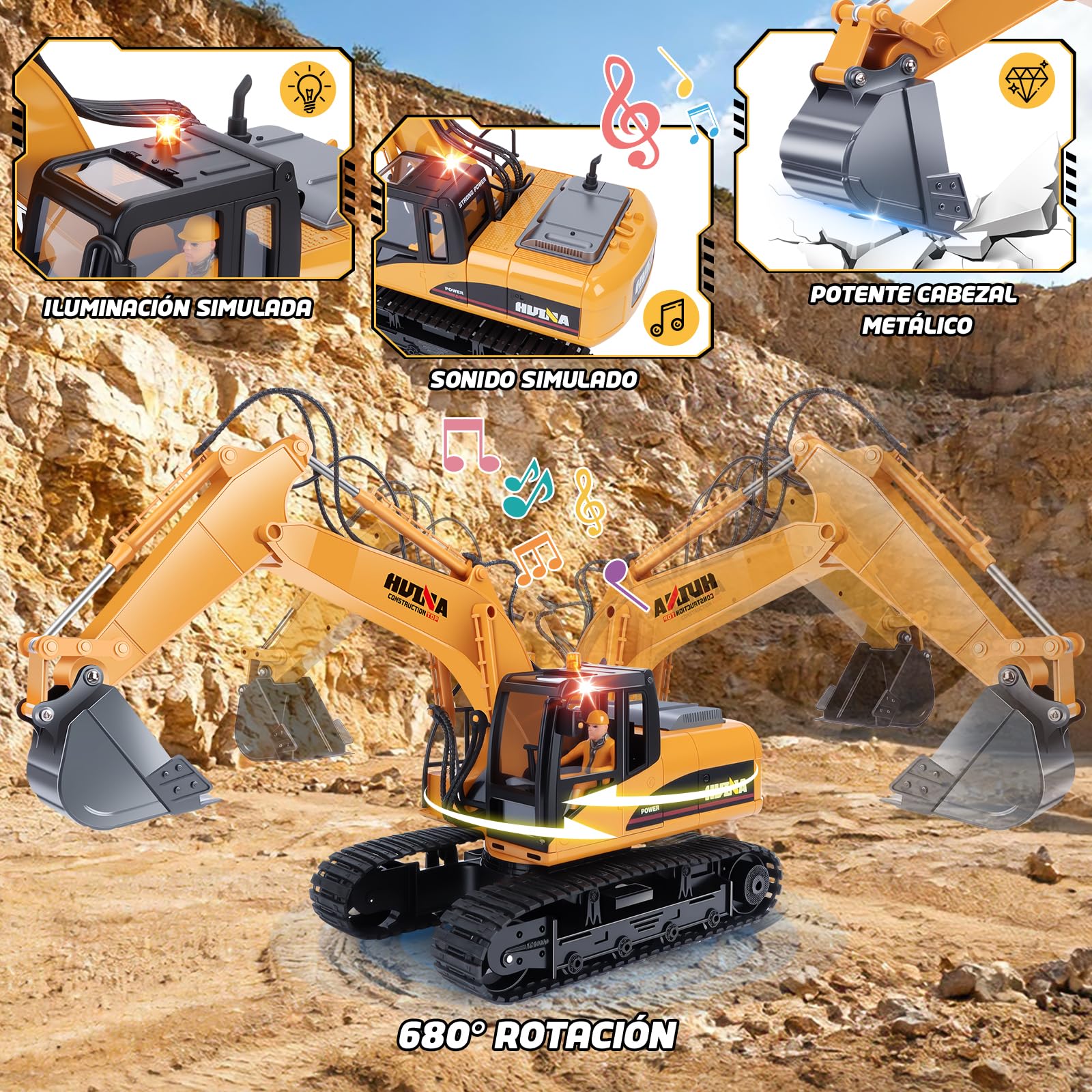 FORMIZON 2.4GHz 15CH Excavadora Teledirigido Cuchara, Martillo Hidráulico, Pinza para Madera 3-in-1 Accesorios Metálicos RC Excavadora Juguetes Regalos Niños 8-12 Años