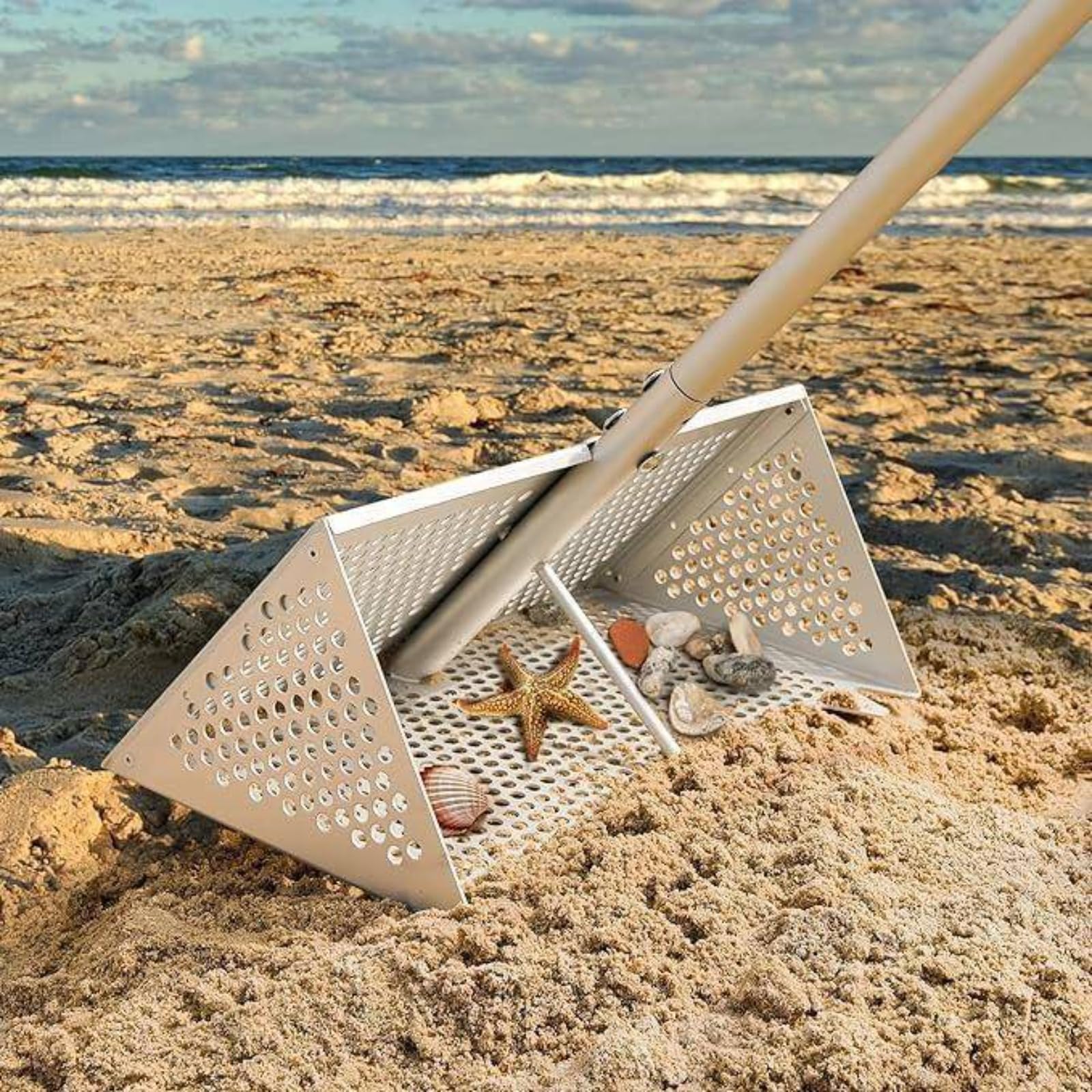 Générique Râteau Tamis de Plage Professionnel - Râteau de Puce de Sable, avec Manche 140 cm - Panier 40x20 cm pour Pêche aux Appâts, Nettoyage Plage et Jeux Enfants