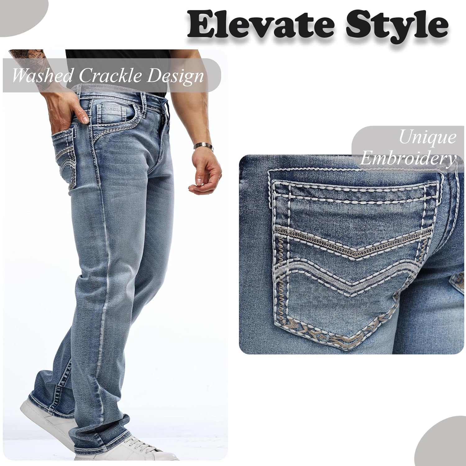 Men's Jeans - Embroidery Washed Crackle Design Jeans Relaxed Fit Stretch Casual Jeans Comfortable Classic Fit Jeans - Image 6