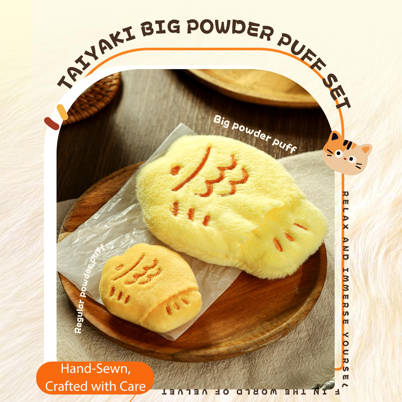 Taiyaki - Esponja de maquillaje suave y reutilizable para aplicar polvos sueltos o prensados, esponja de belleza de terciopelo de Taiyaki, herramienta de maquillaje (amarillo claro)
