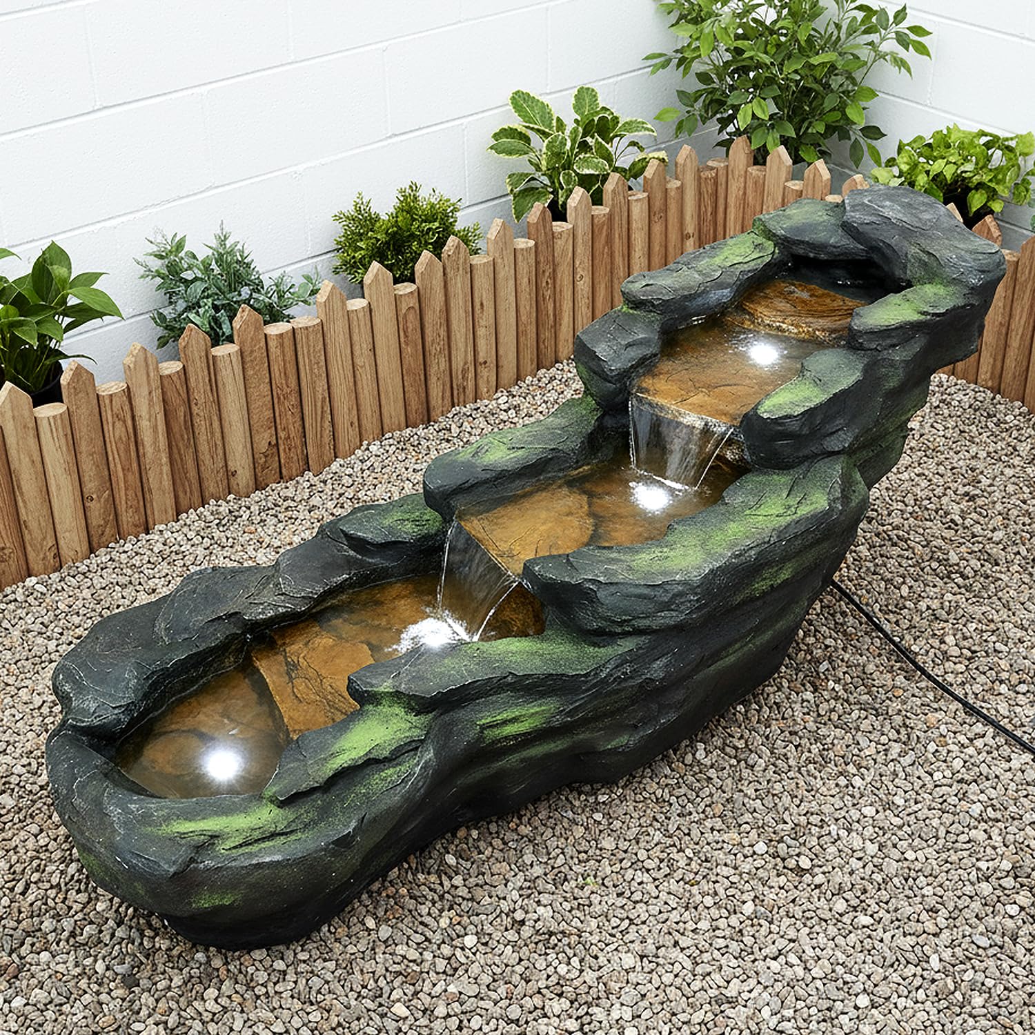 SunJet Cascading Rock Outdoor Water Fountain with LED Lights - 41.3” Length Resin Stone Look Garden Waterfall Fountain, Freestanding Floor Fountain with UL Certified Pump for Patio Backyard Yard Decor