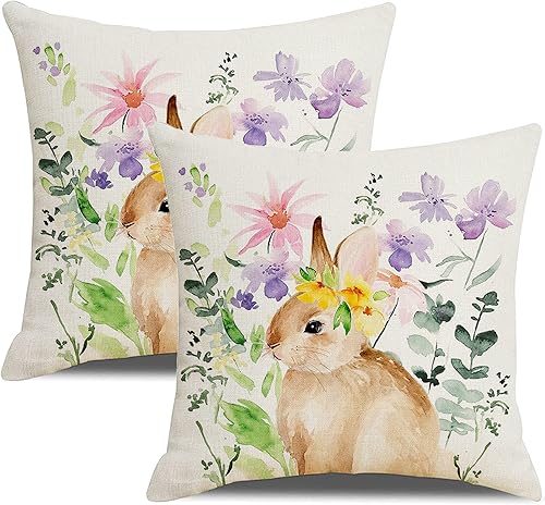 Juego de 2 fundas de almohada de Pascua de 16 x 16 pulgadas, diseño floral de primavera con diseño de conejo de Pascua, decoración del hogar, para