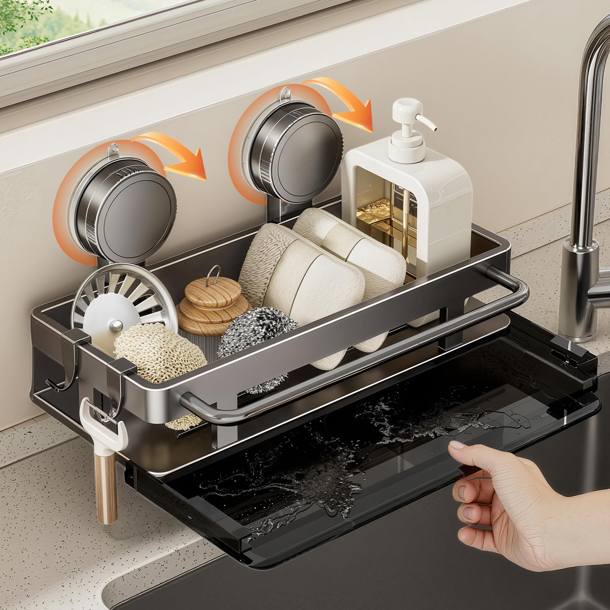 vorona Sponge Holder for Kitchen Sink with Suction Cup Rustproof Stainless Steel Sink Caddy with Removable Drain Pan