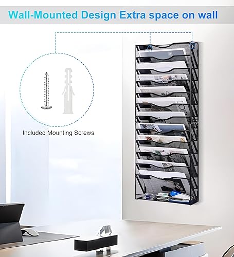 Miniatura 12 de Organizador de archivos de pared de 10 niveles, organizador de correo de madera, soporte para revistas, documentos de papel, cesta de almacenamiento