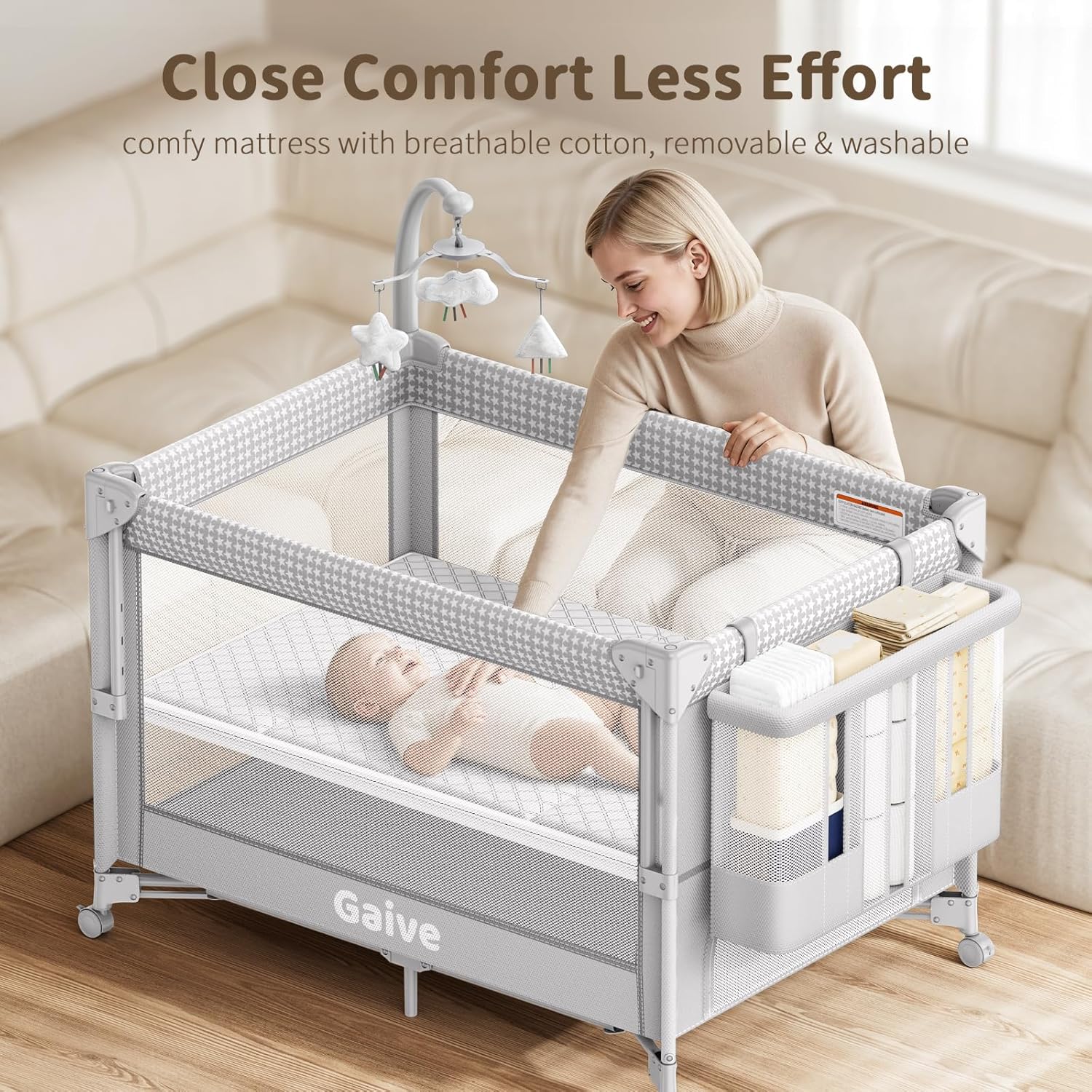 4 in 1 Baby Bassinet, One-Push Setup Pack and Play, Bedside Crib Sleeper with 3 Height Adjustable,Diaper Changer, Come with Comfy Mattress, Rotating Toy Bar, from Infants to Toddlers (Grey) - Image 3