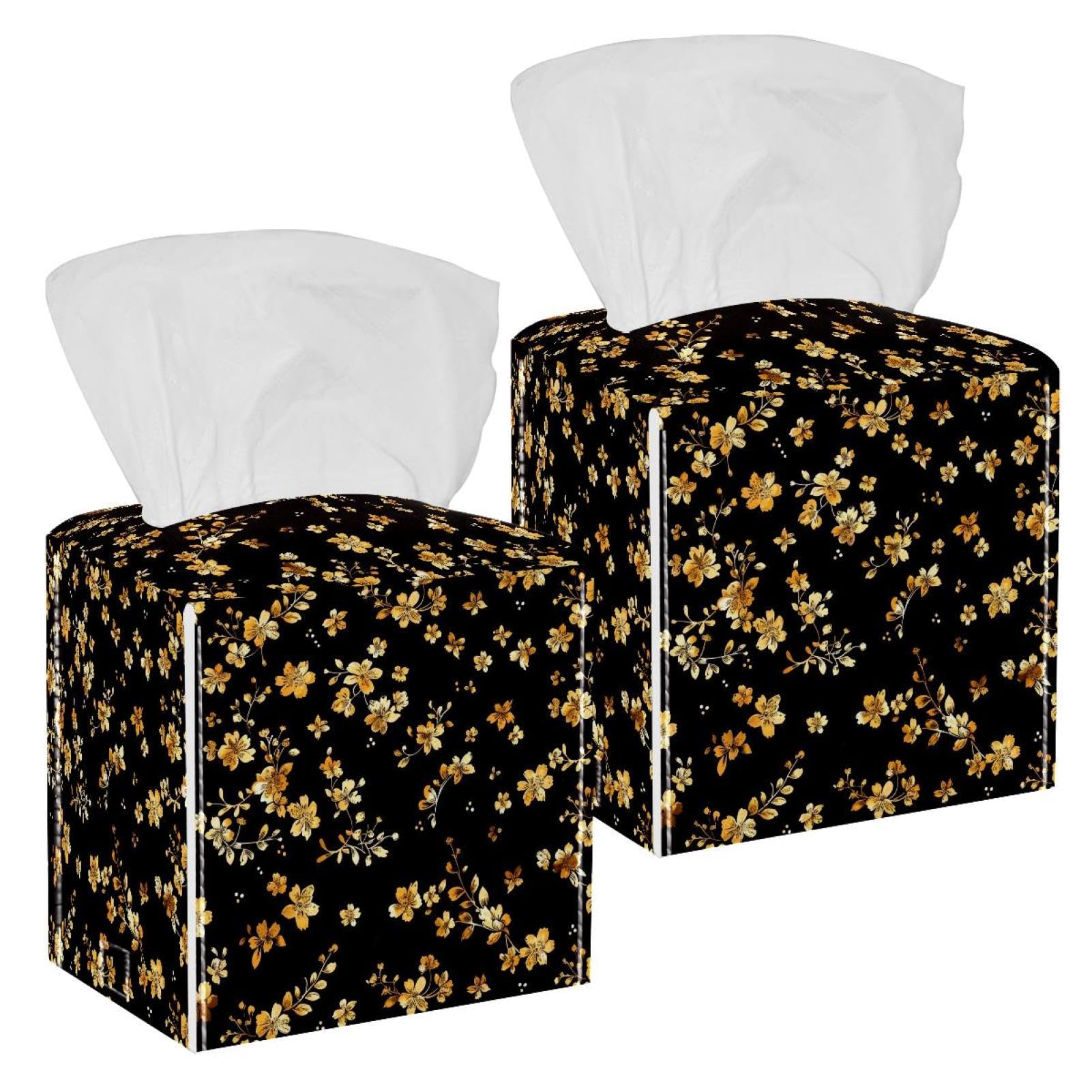 Floral Golden Tissue Box Cover, 2 Pack PU Leather Square Facial Tissue Dispenser Box holder for Home Office Car