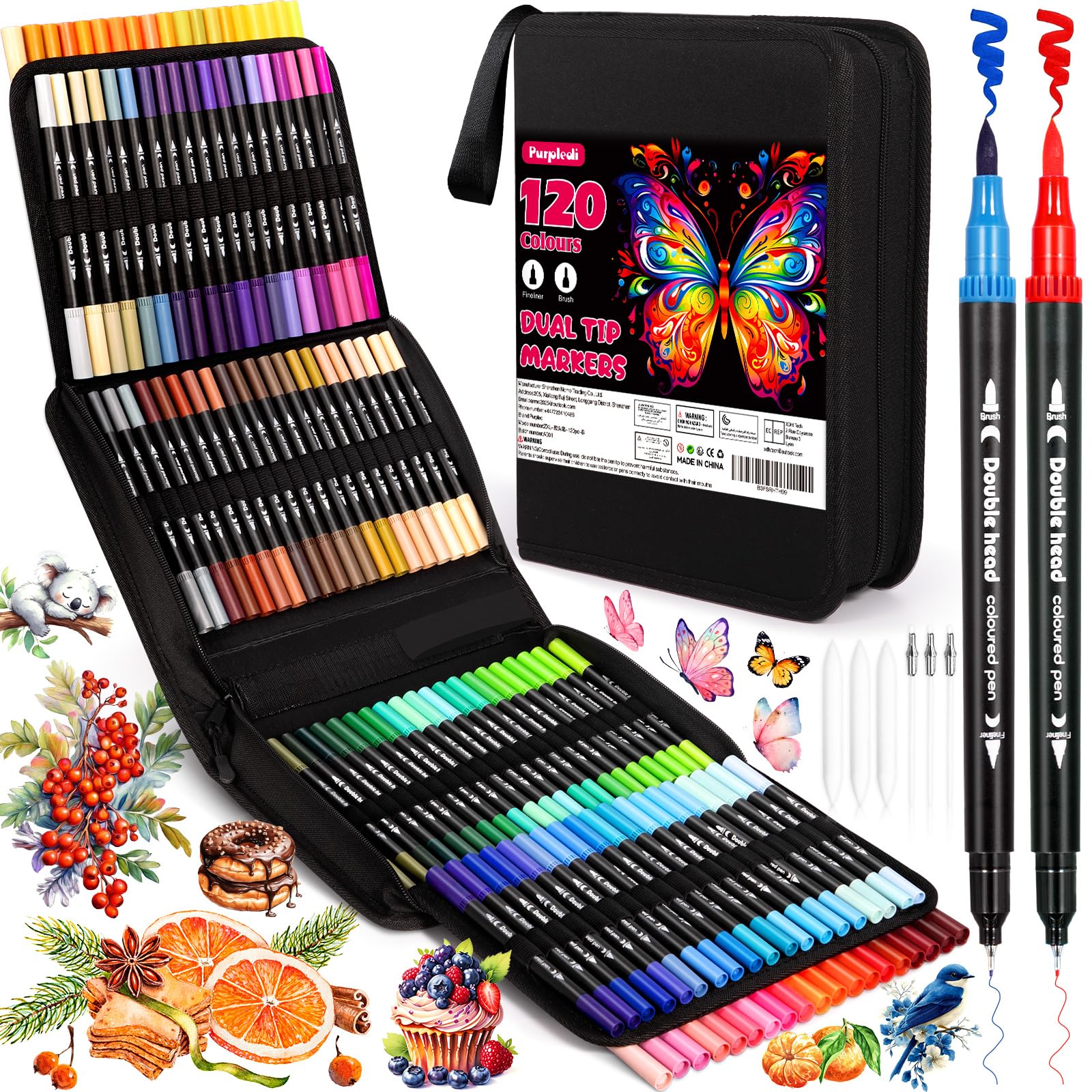 Purpledi 120 Colores Rotuladores Lettering, Rotuladores de Punta Pincel de arte, Brush Pen para Lettering, Caligrafía, Colorear, Dibujar, Pintar Regalo para Niños y Adultos