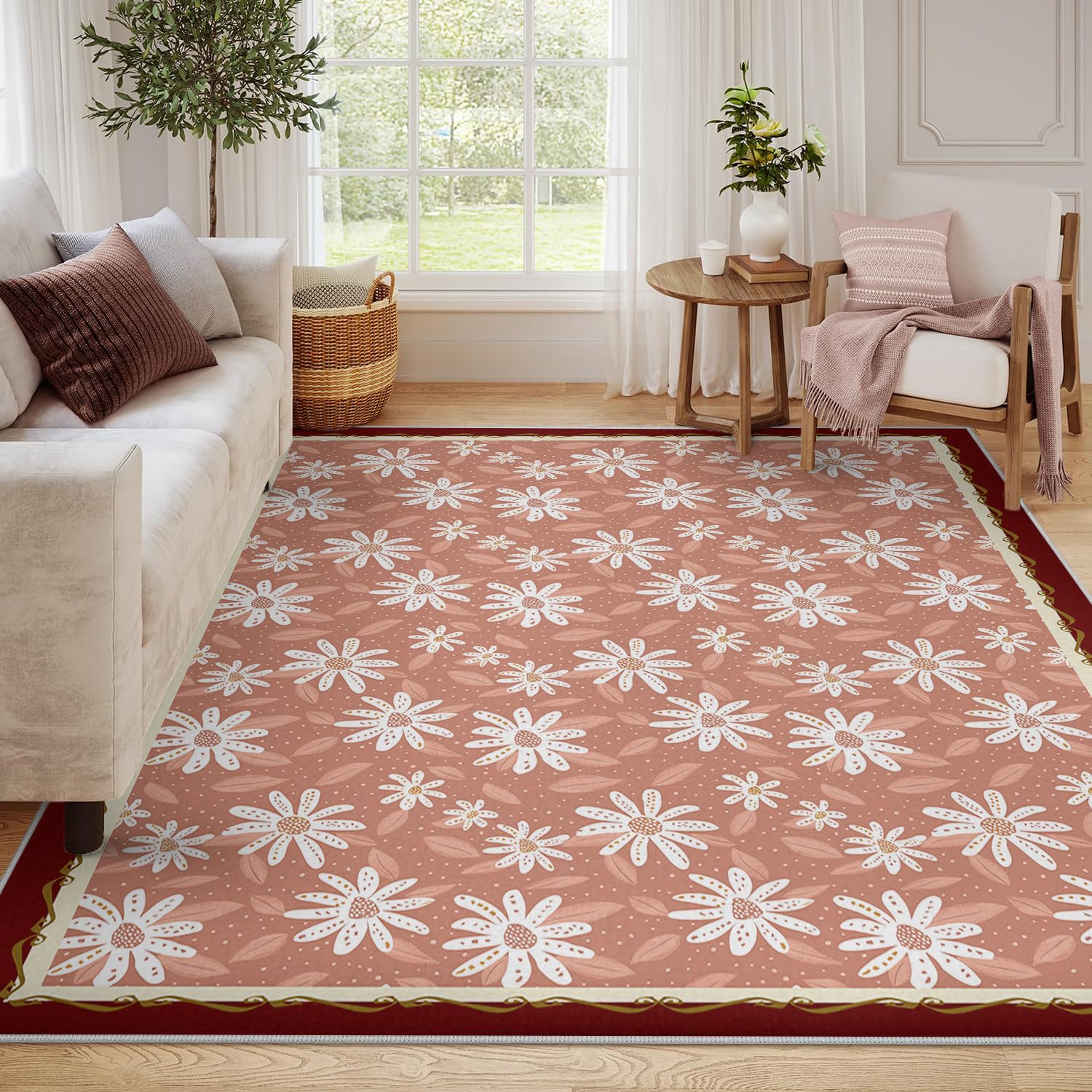 Tapis de sol romantique décor mat lavable rose blanc